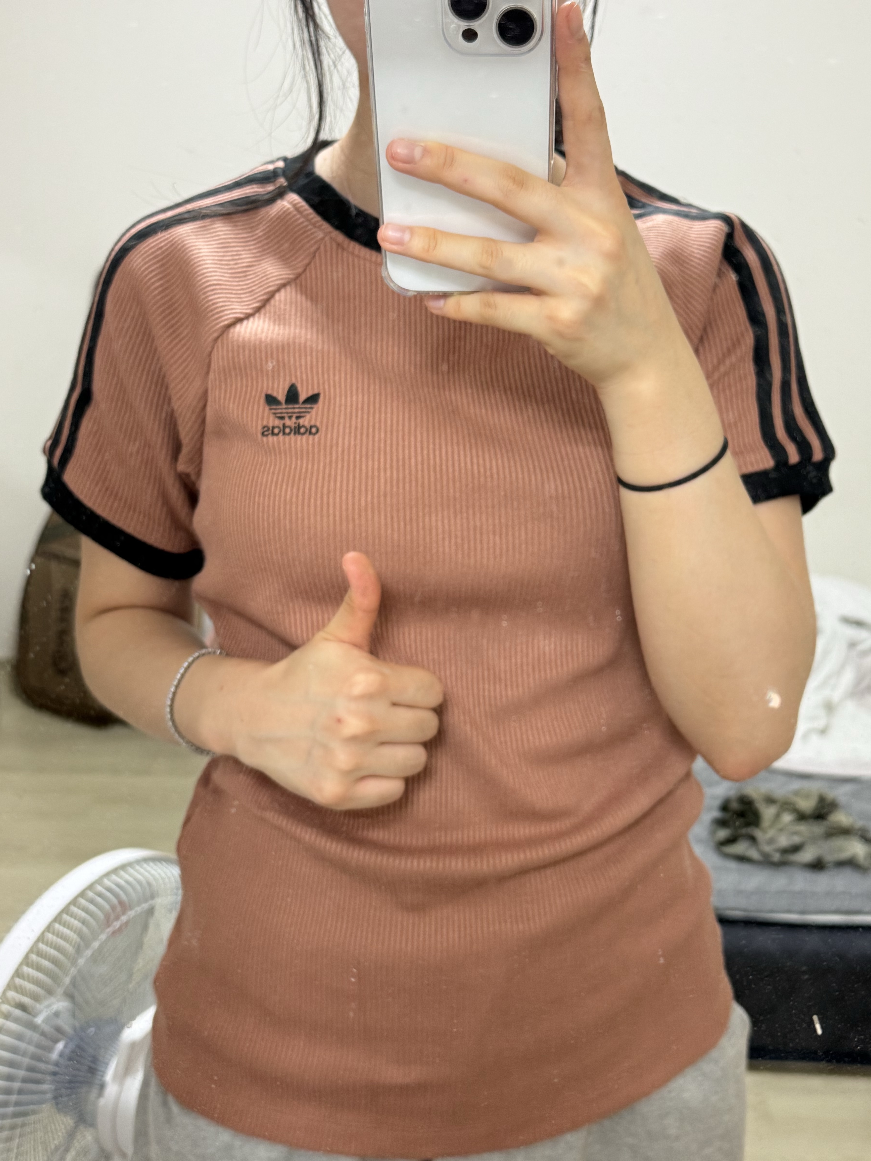 (W) Adidas 3-Stripes Slim T-Shirt Clay Strata - KR Sizing 착용 스타일