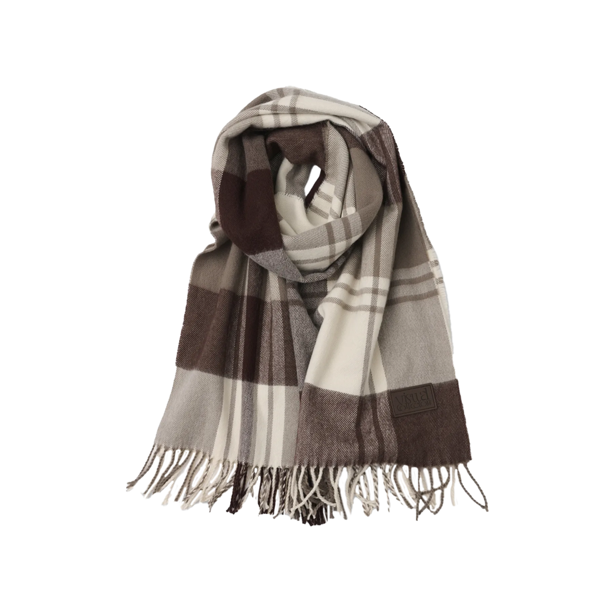 비주얼 컬렉터 체크 레더 라벨 머플러 - 브라운(VISUAL COLLECTOR Check Leather Label Muffler - Brown)
