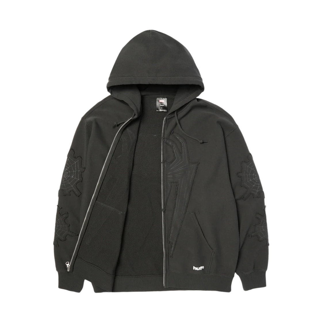 허프 x 스파이더 맨 웹 풀집 워시드 후드 워시드 블랙(Huf x Spider Man Web Full-Zip Washed Hoodie Washed Black)
