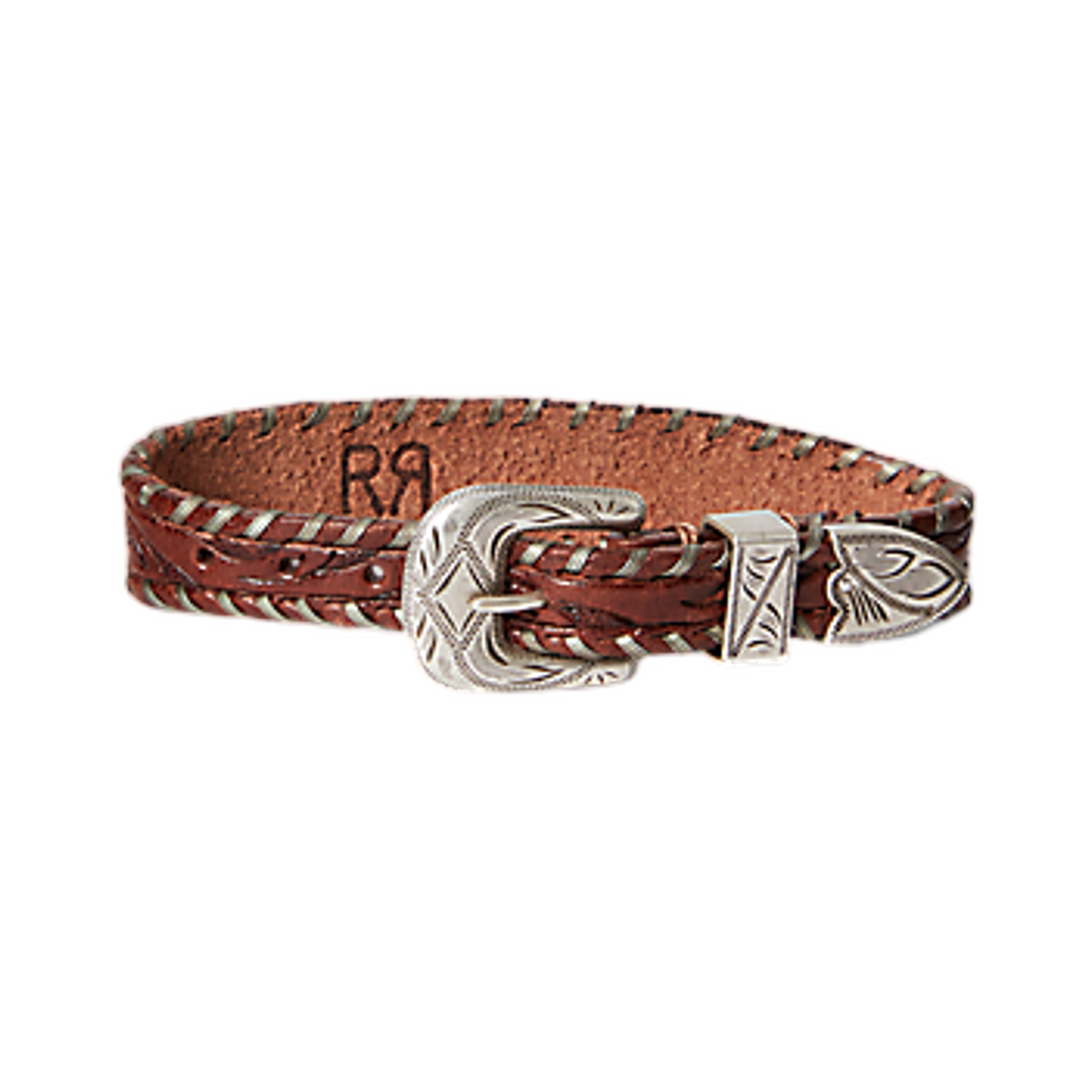 더블알엘 핸드툴 레더 브레이슬릿 브라운 빈티지 실버(Double RL Hand-Tooled Leather Bracelet Brown Vintage Silver)