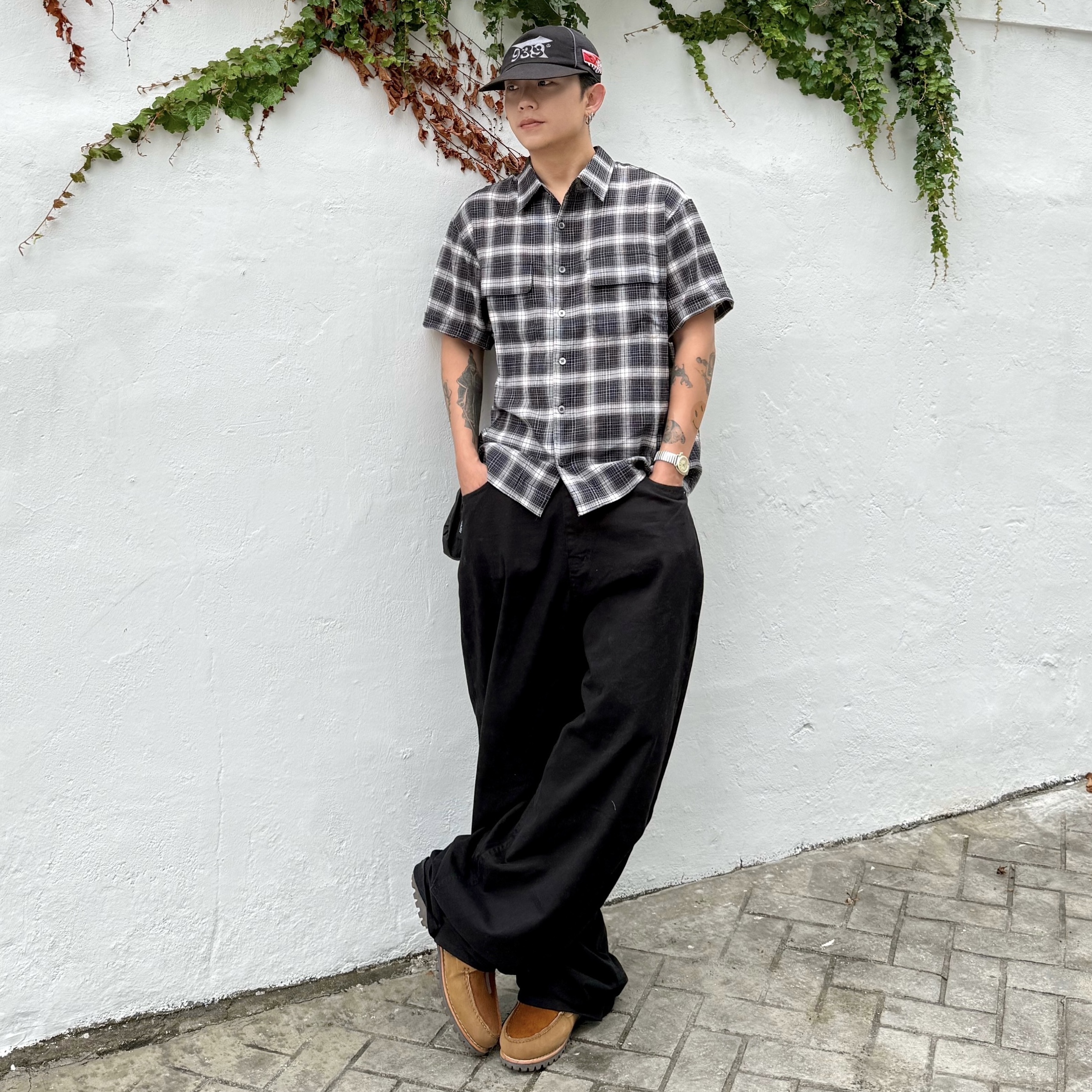 noun Crop Check Shirts Black 착용 스타일 - 1