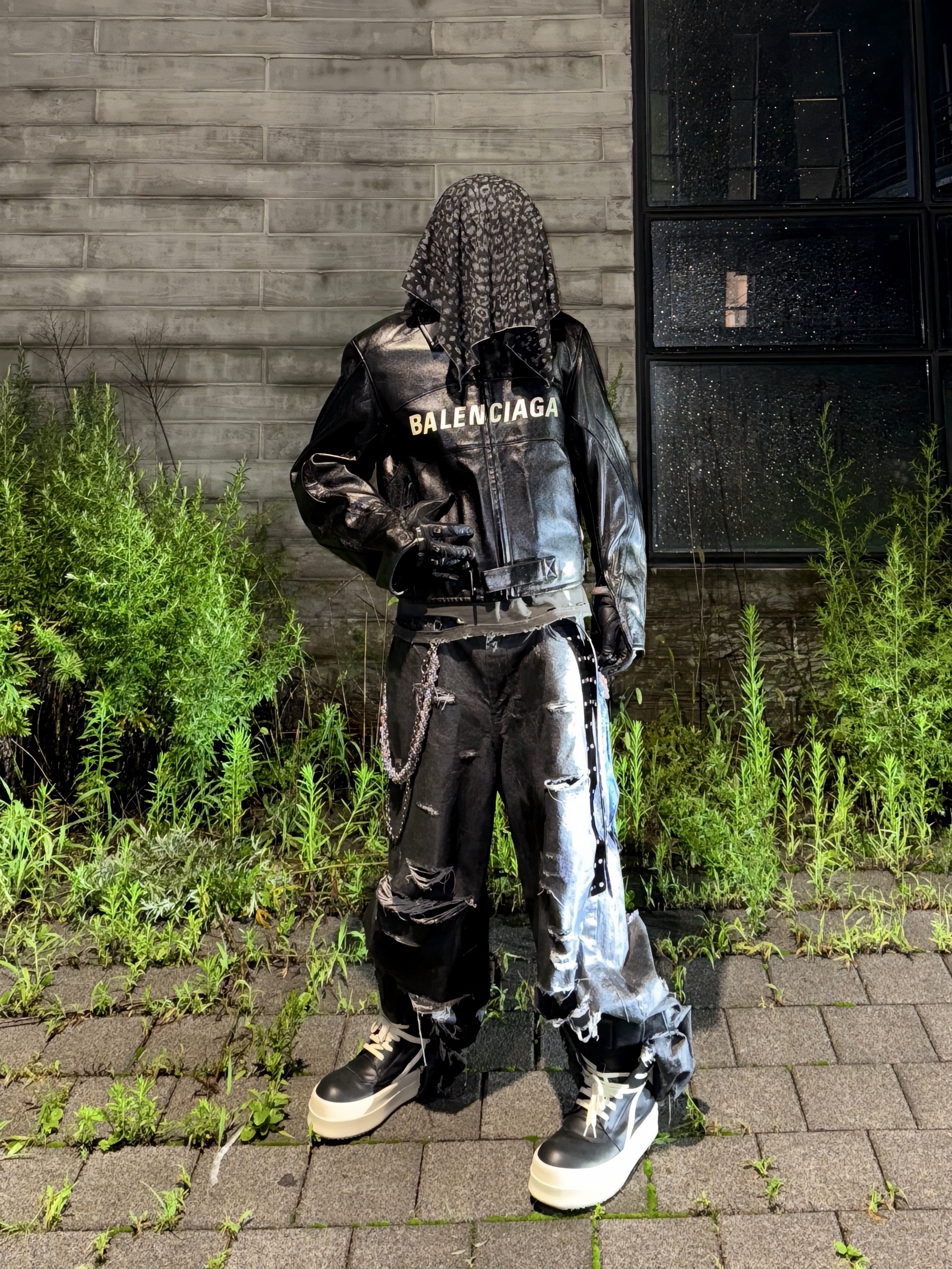 emostanceclub Multi Distressed Coating Jeans Black, Rick Owens Mega Bumper Geobasket Black Milk 착용 스타일 - 3