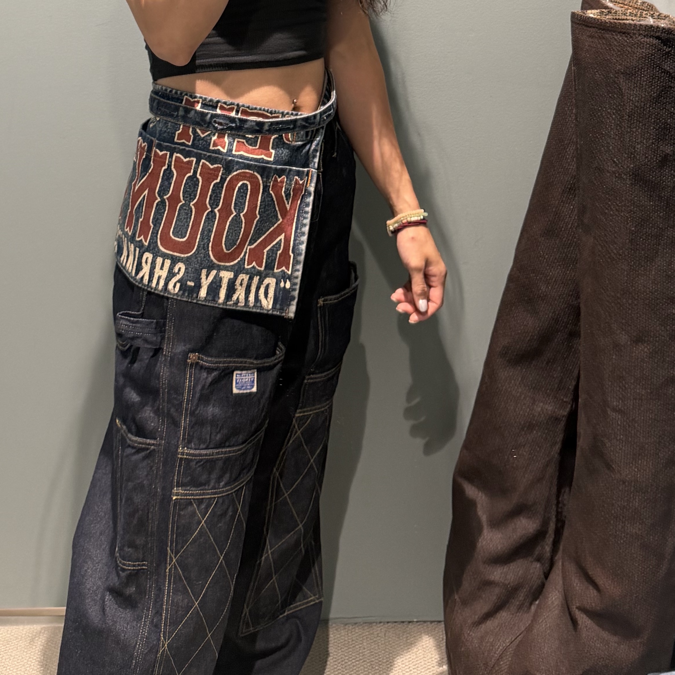 Kapital 13 oz. Denim Damaged Denim Repairspt Short Ad Apron Indigo (Processing), Kapital 11.5 oz. Denim Lumber Pants Indigo 착용 스타일