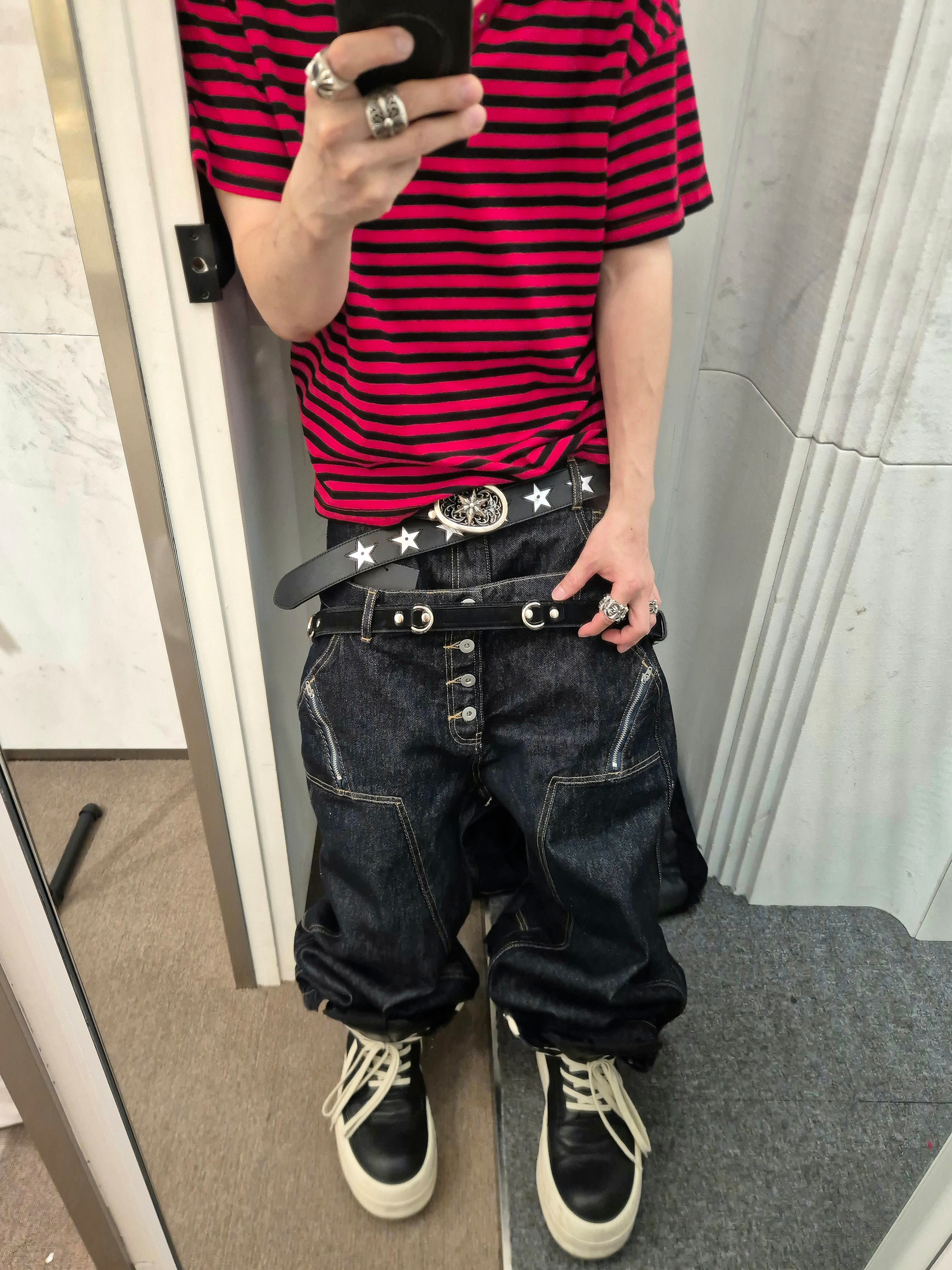 Rick Owens Mega Bumper Geobasket Black Milk, ROARINGRAD Layered D Nubuck Belt Black 착용 스타일 - 1