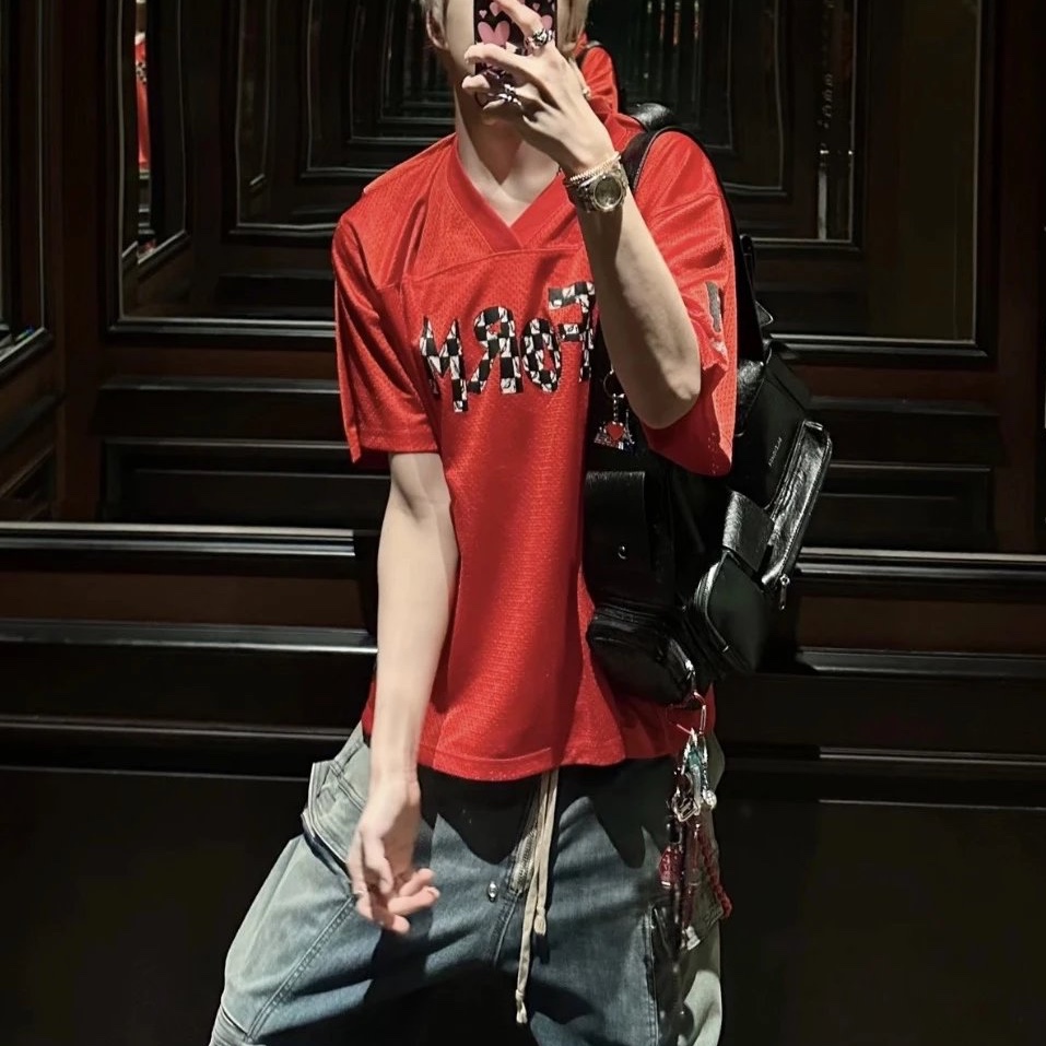 Chrome Hearts Matty Boy Mesh Form CH Team Short Sleeve Stadium Jersey Red, Rick Owens Double Cargo Jumbo Belas Jeans Mineral Pearl Degrade 착용 스타일