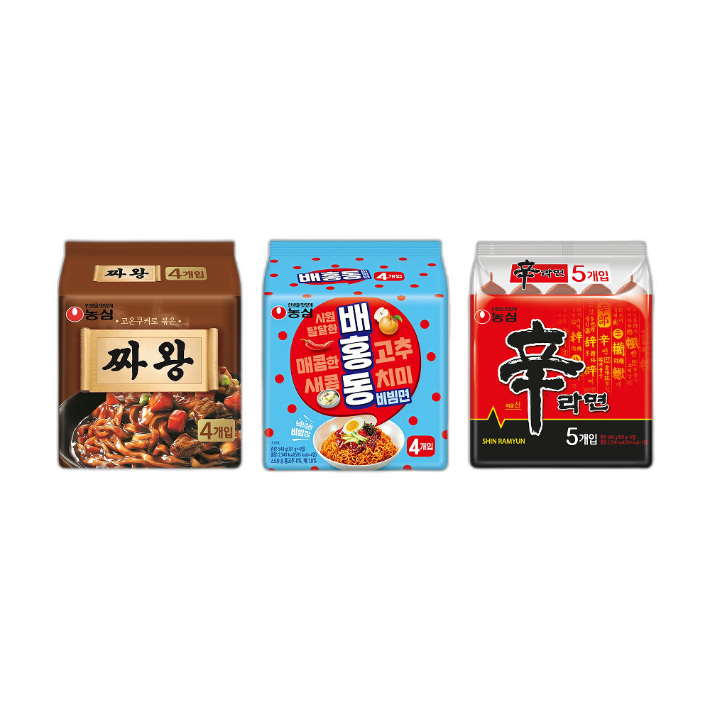 농심 신라면1팩+짜왕1팩+배홍동 비빔면1팩 (총 3팩)(Nongshim Shin Ramyun 1 Pack + Zhawang 1 Pack + Baehongdong Bibimmyeon 1 Pack)