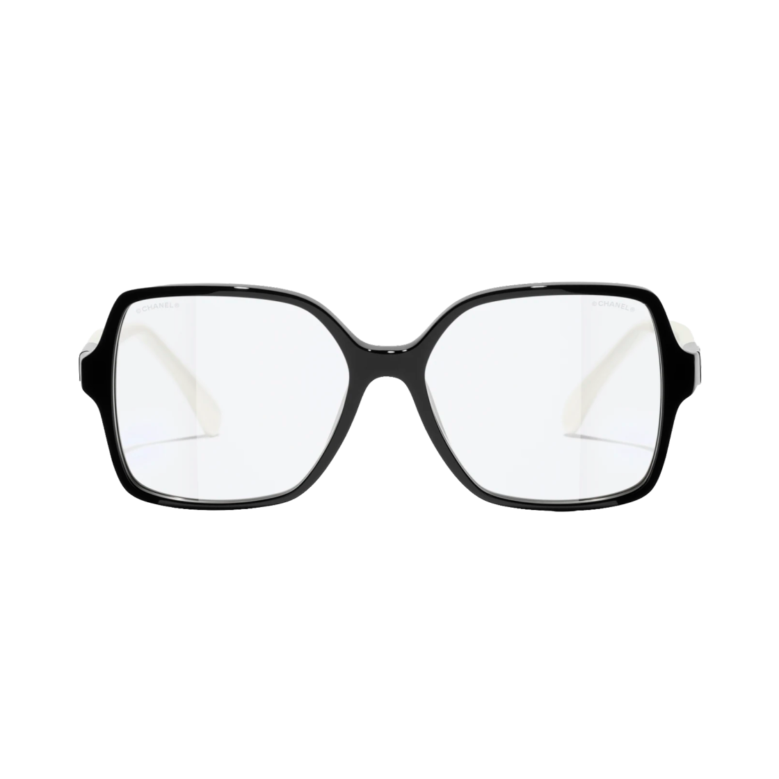 A71624-X08101-S5612 Chanel Try On Square Blue Light Glasses Acetate & Black & White Frame Transparent Lens