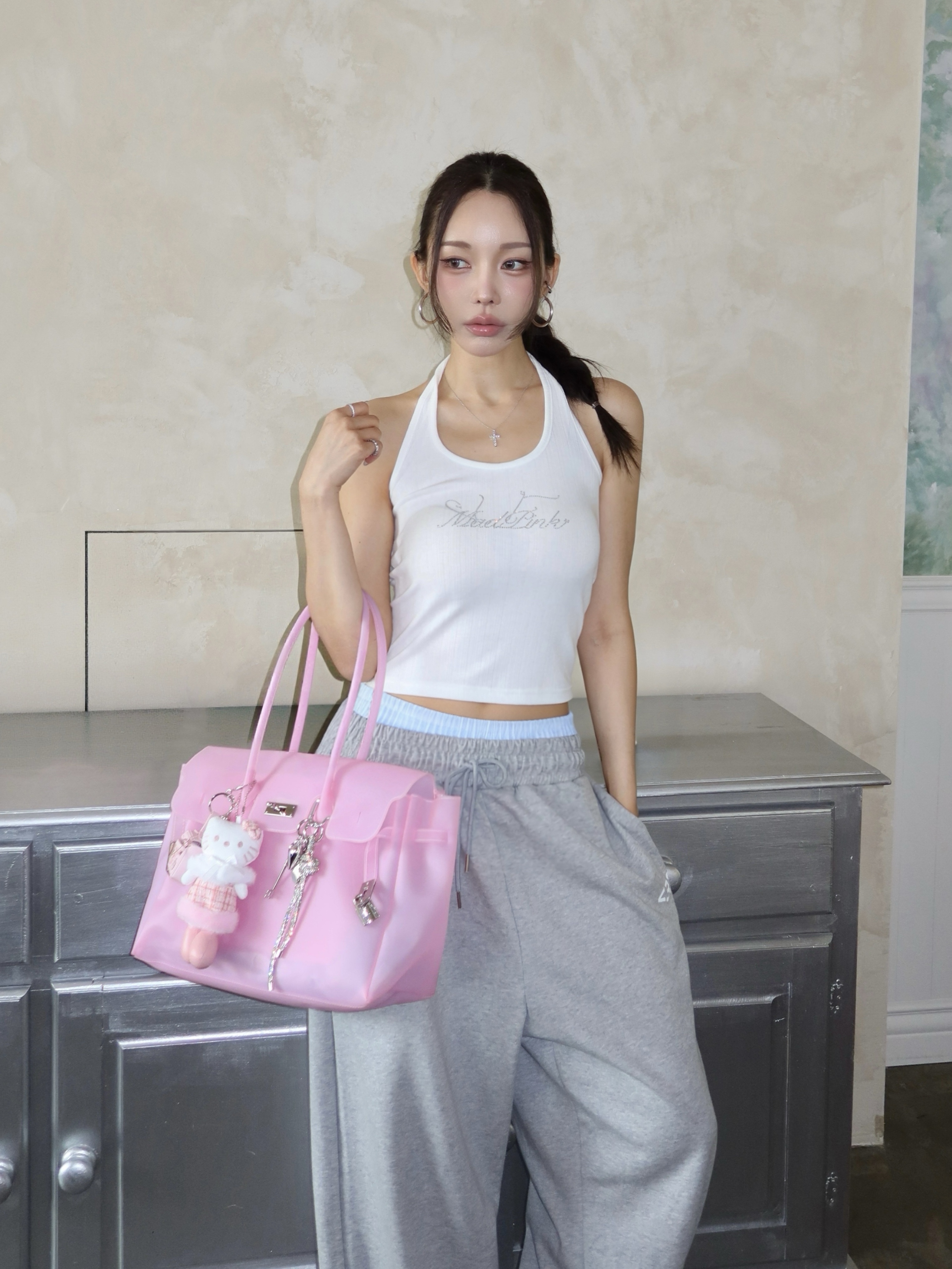 SLEEKGLOW Love Emoji Check Layered Sweatpants Gray 착용 스타일 - 1