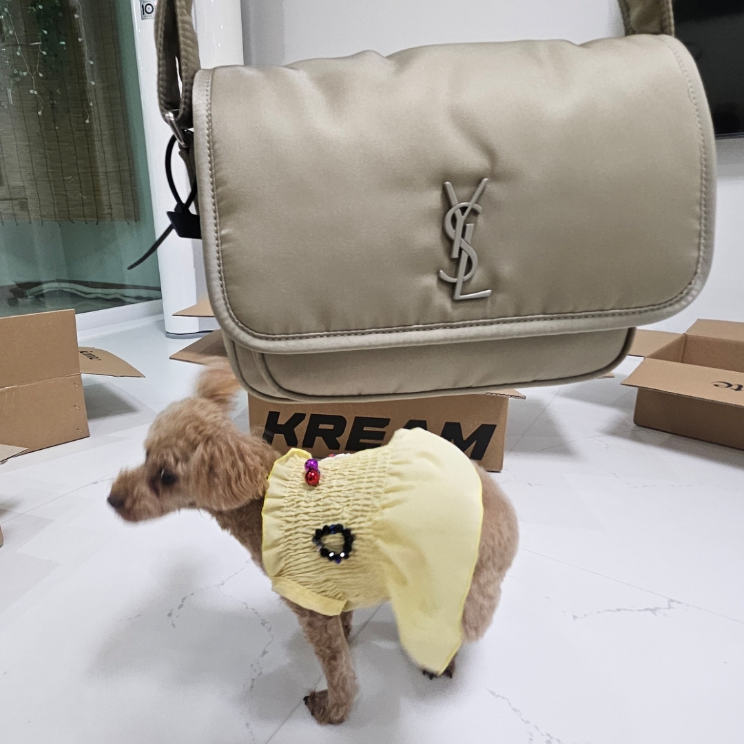 Saint Laurent Niki Small Messenger in Nylon Grey Hay 착용 스타일 - 2