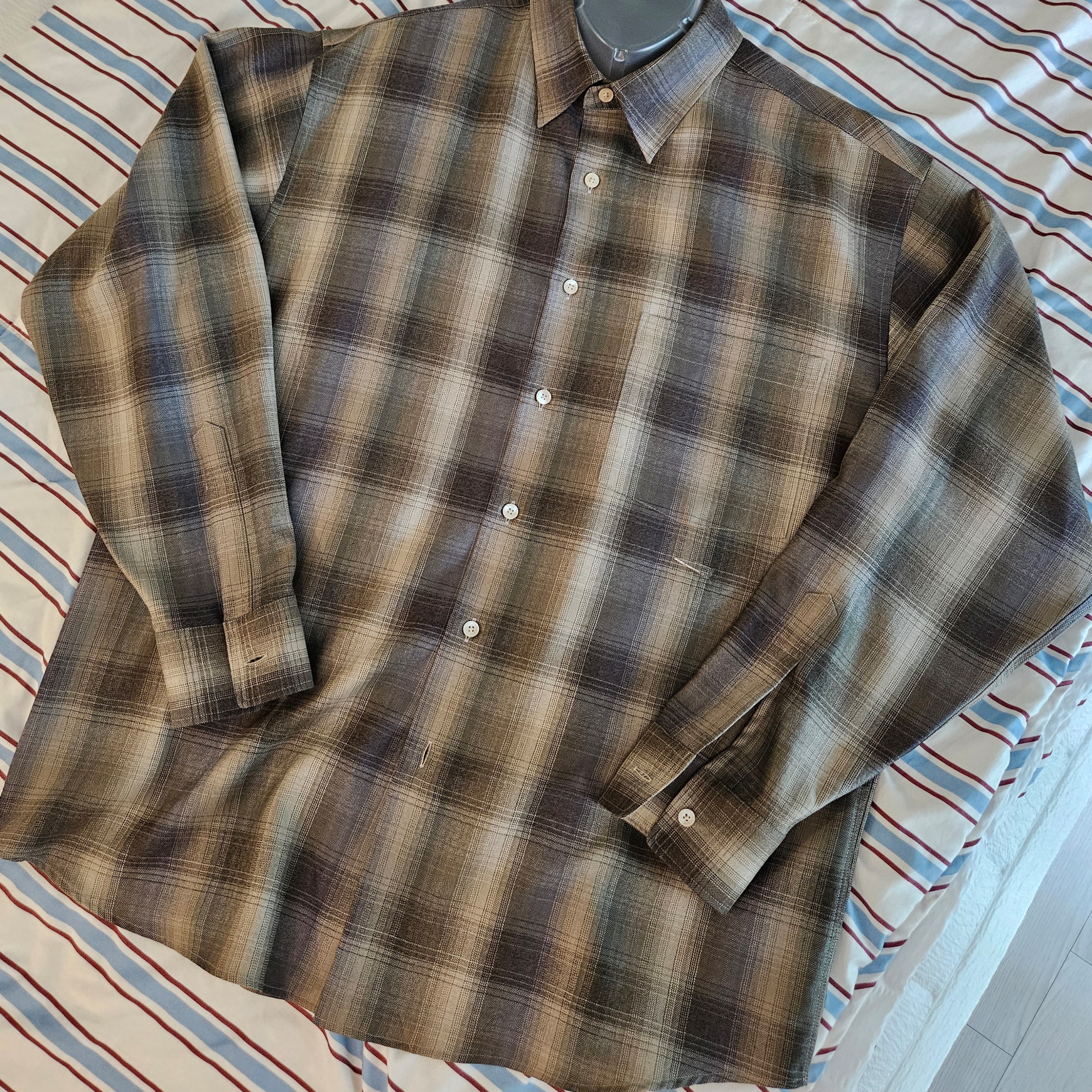 Auralee Super Light Wool Check Shirt Brown Blue 착용 스타일 - 1