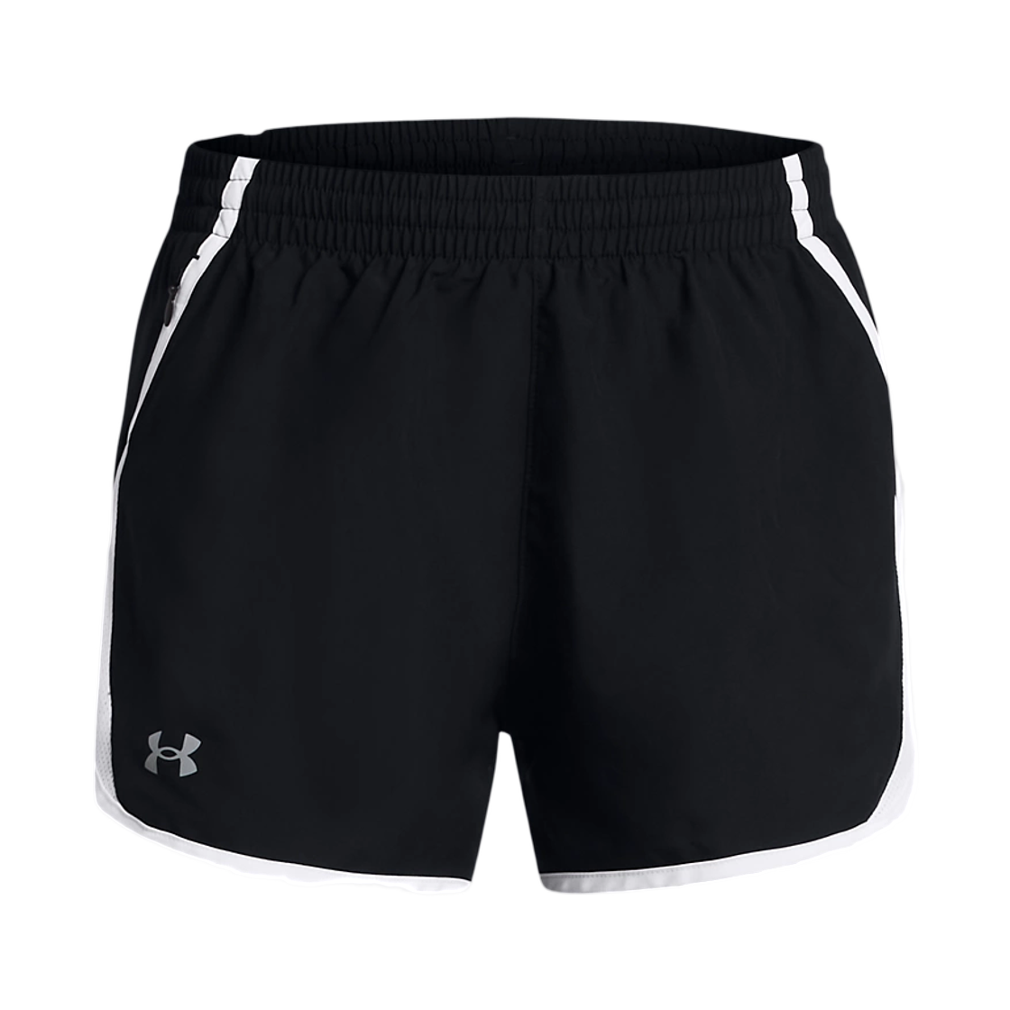 (W) 언더아머 UA 플라이 바이 3인치 쇼츠 블랙 화이트 리플렉티브((W) Under Armour UA Fly-By 3 Inch Shorts Black White Reflective)
