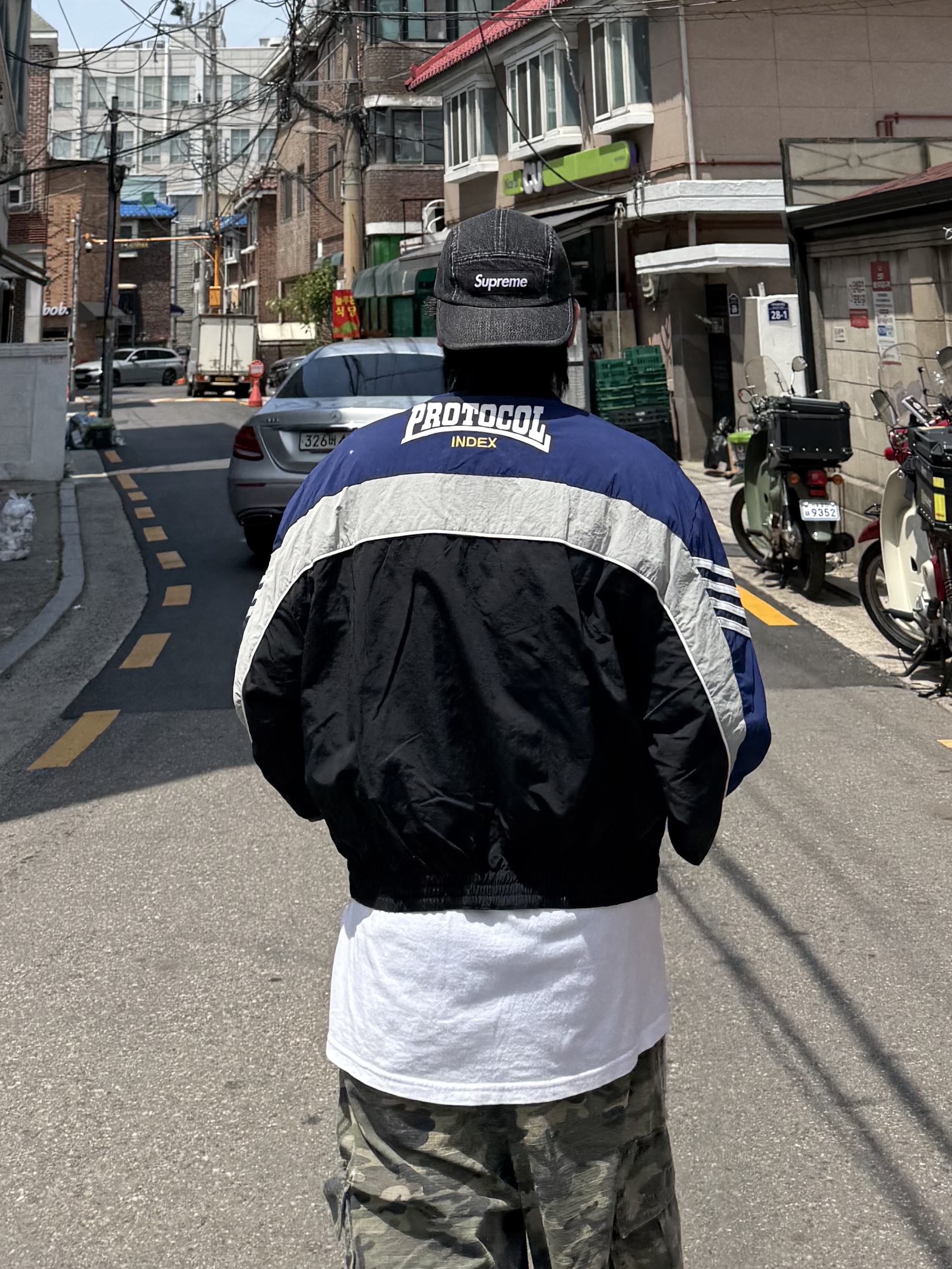 Supreme Denim Camp Cap Black - 24SS, Protocol Index Sports Track Jacket Blue 착용 스타일 - 1