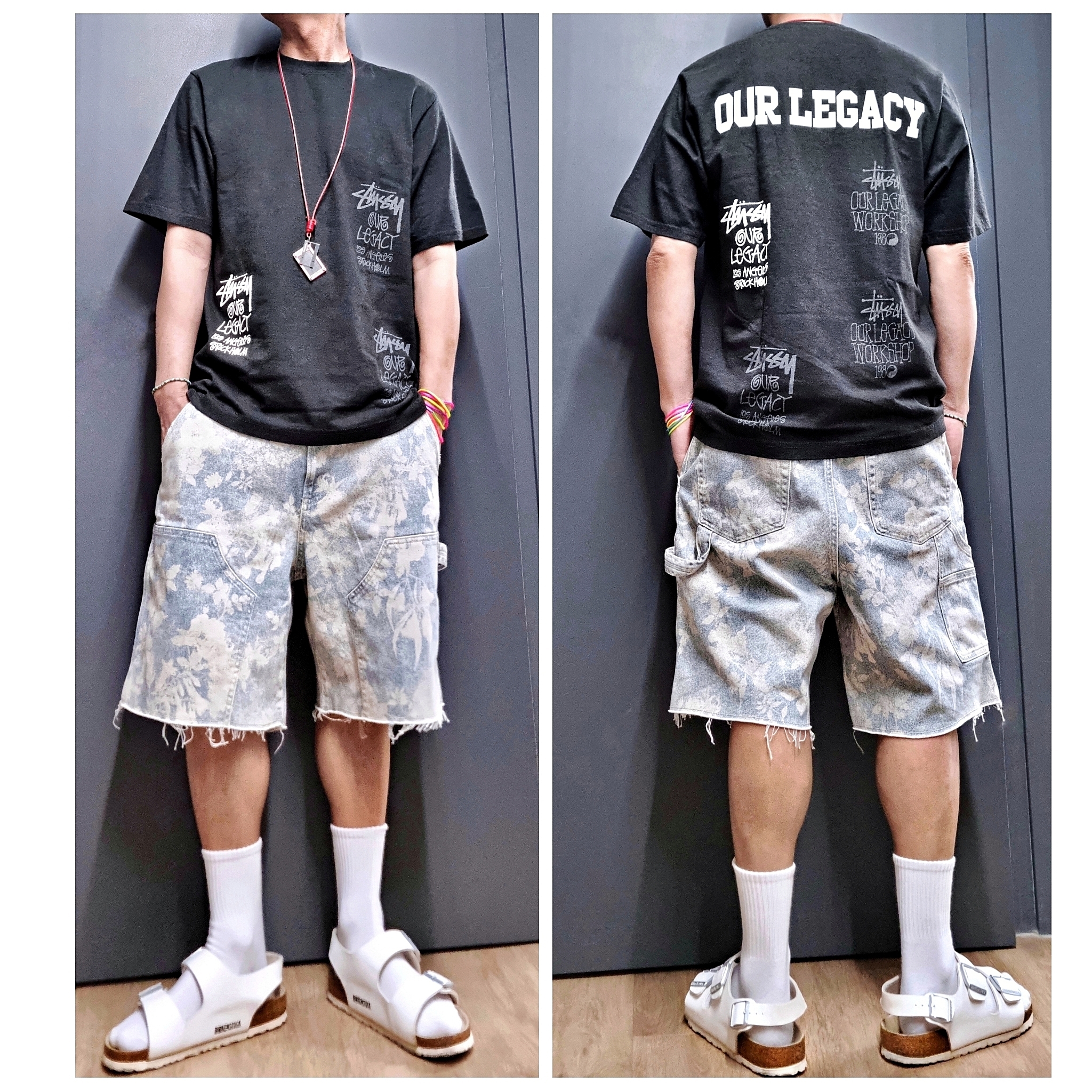 Stussy x Our Legacy Stamp T-Shirt Pigment Dyed Faded Black, Birkenstock Milano White - Regular 착용 스타일