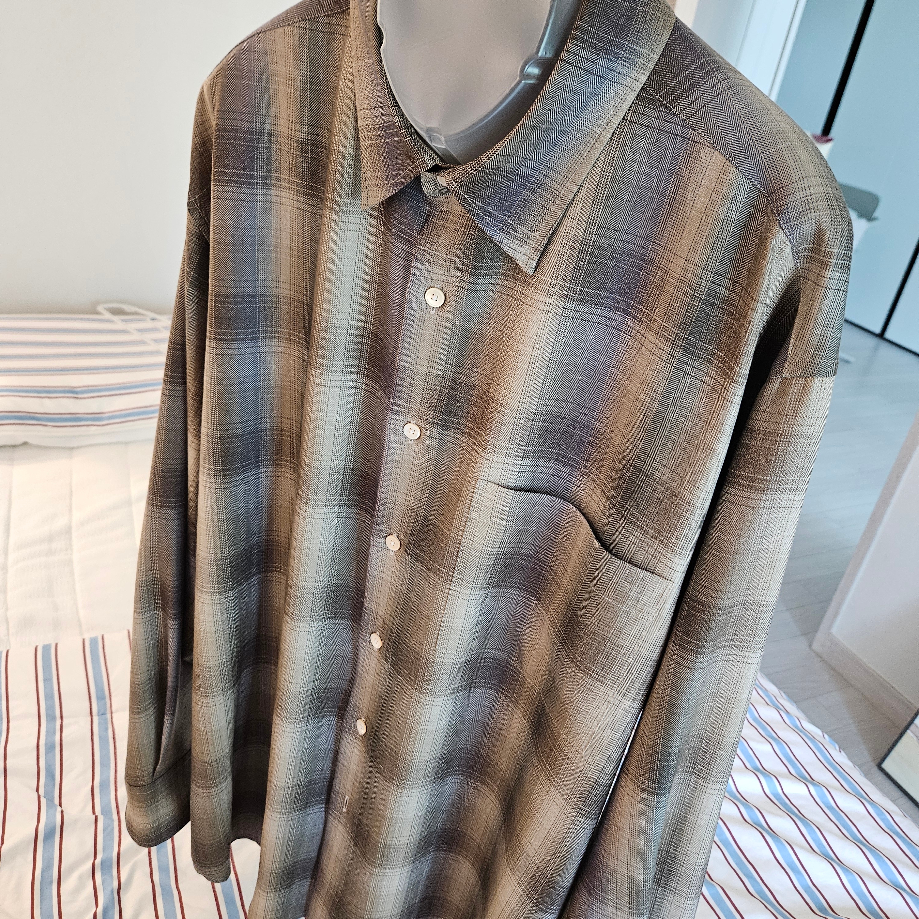 Auralee Super Light Wool Check Shirt Brown Blue 착용 스타일 - 2