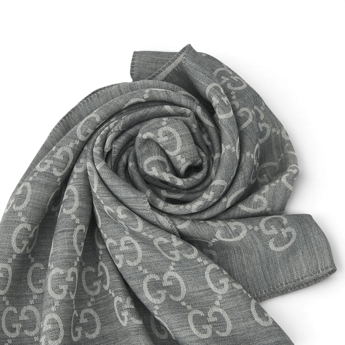 (W) 구찌 GG 울 실크 자카드 스카프 그레이((W) Gucci GG Wool Silk Jacquard Scarf Grey) - 5