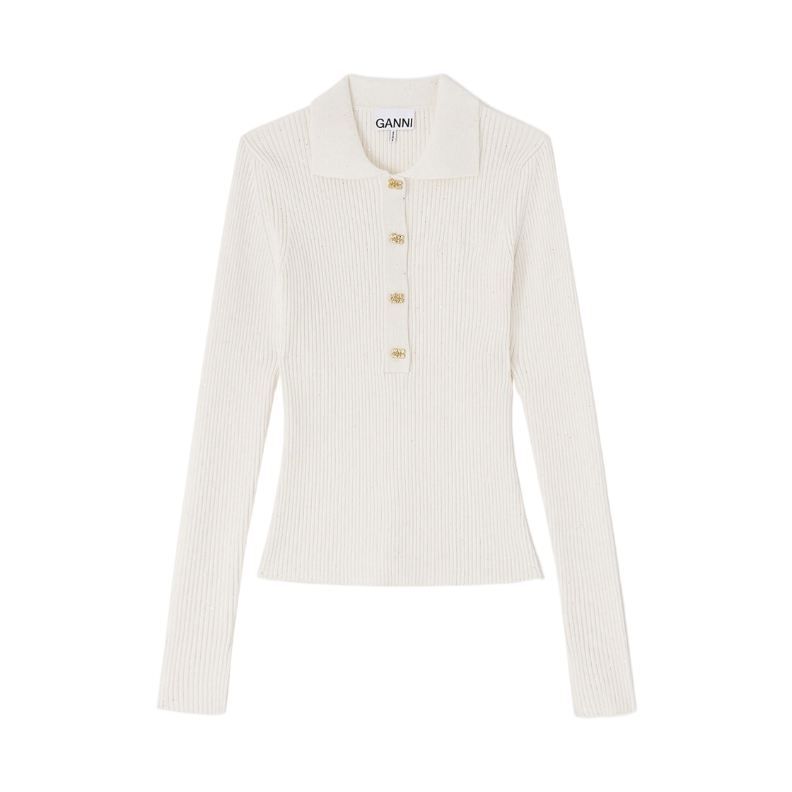 A1070085-135 (W) Ganni Fine Sequin Knitted Polo Egret