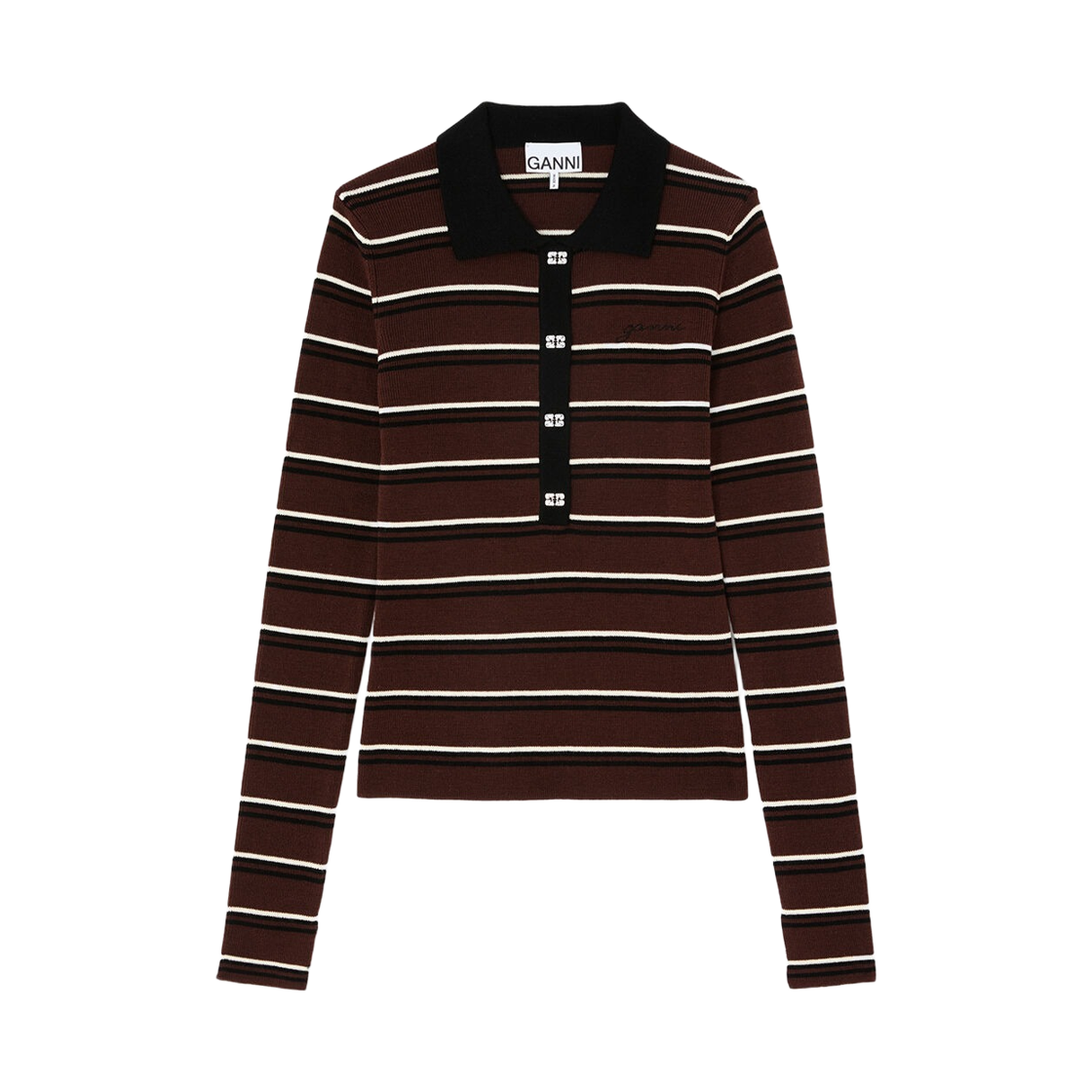 A1170004-999 (W) Ganni Polo Shirt in Striped Merino Multicolour