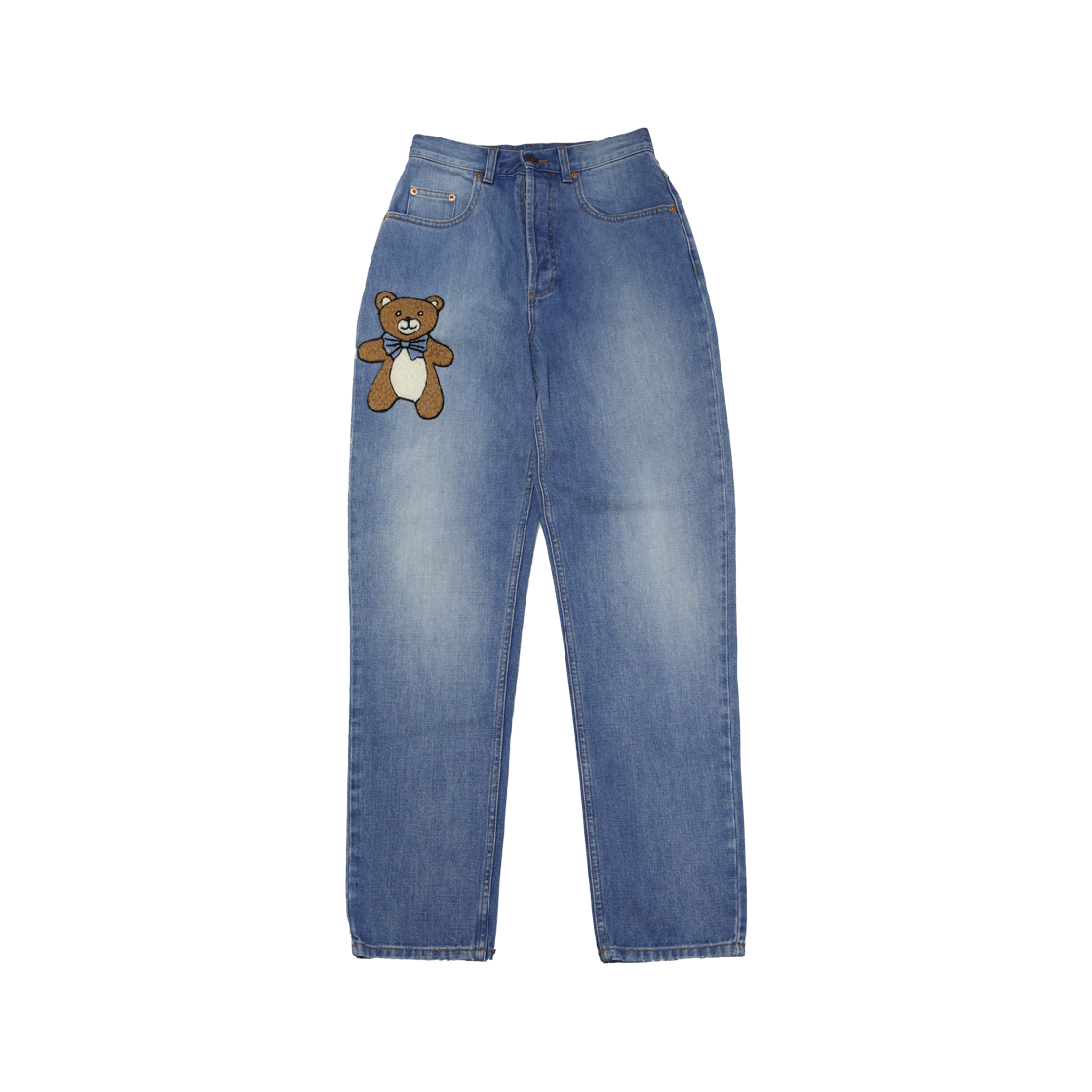 ITVDG96D4WDN Gucci 502802 Kai Teddy Bear Patch Denim Pants