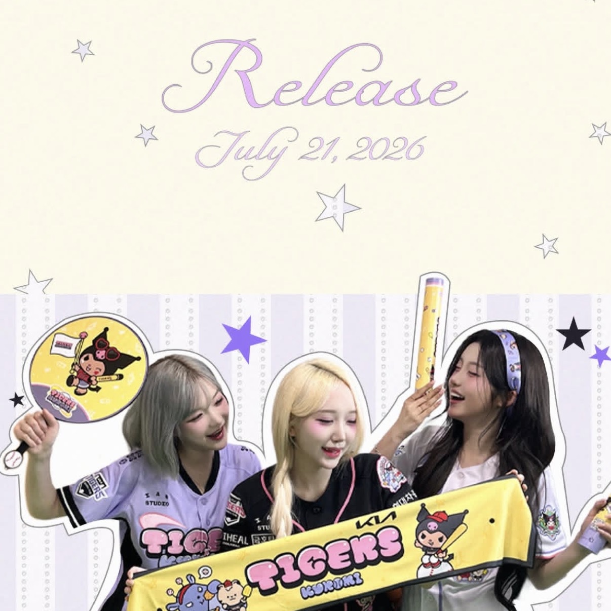 Kia Tigers x Kuromi Cheering Towel Black Yellow, Kia Tigers x Kuromi 26 Replica Jersey Light Purple (Non Marking Ver.) 착용 스타일
