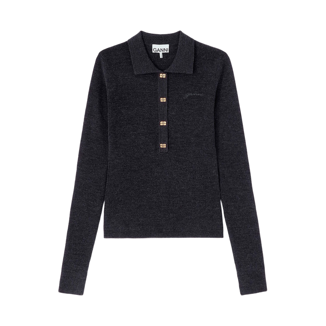 A1070125-252 (W) Ganni Knitted Polo Shirt Phantom