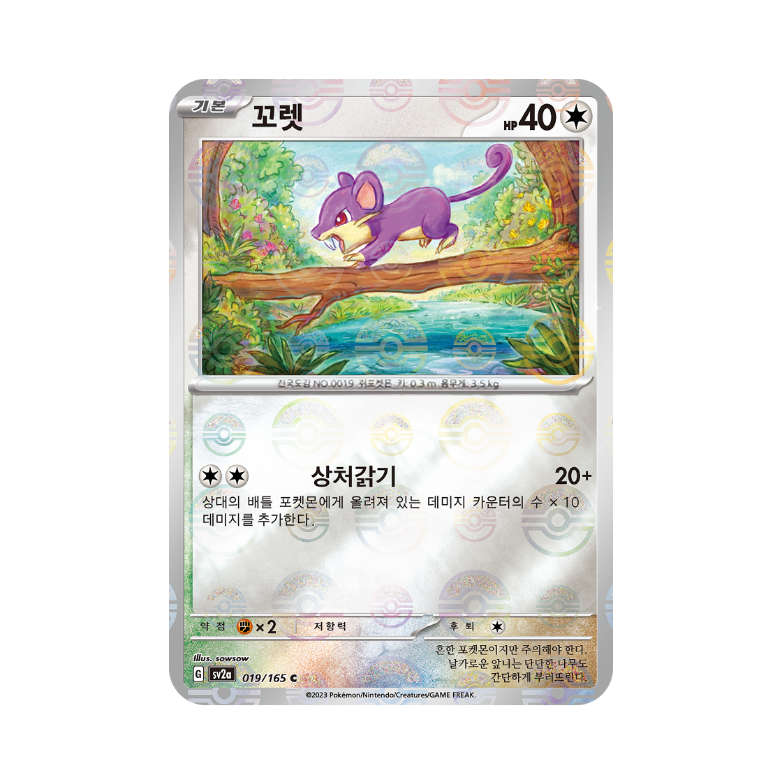 포켓몬 TCG 꼬렛 C 몬스터볼 미러 포켓몬 카드 151 (한글판)(Pokemon TCG Rattata C Monsterball Mirror Pokemon Card 151 (Korean Ver.)) - 1