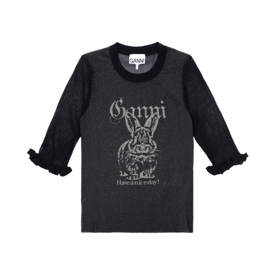 [25% 쿠폰] (W) 가니 시어 러플 스웨터 블랙([25% 쿠폰] (W) Ganni Sheer Ruffle Sweater Black)