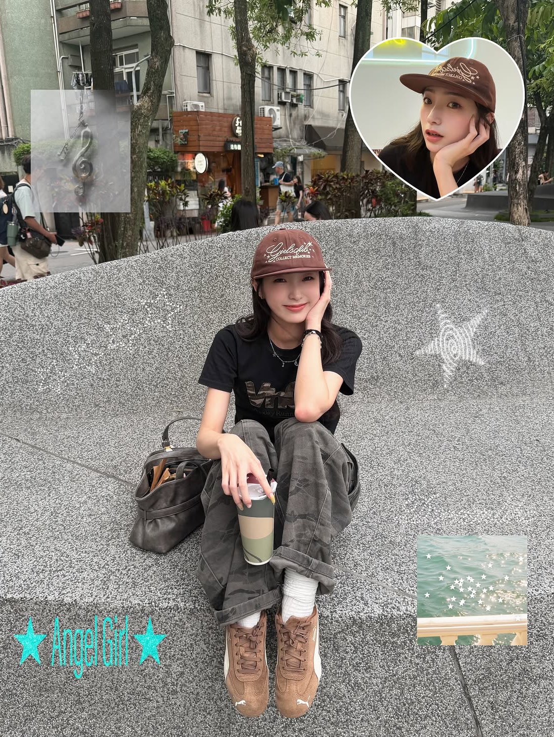 venhit Memories Flat Bill Cap Brown, venhit MRT Applique Washed Slim Fit Short Sleeve T-Shirt Black 착용 스타일 - 3