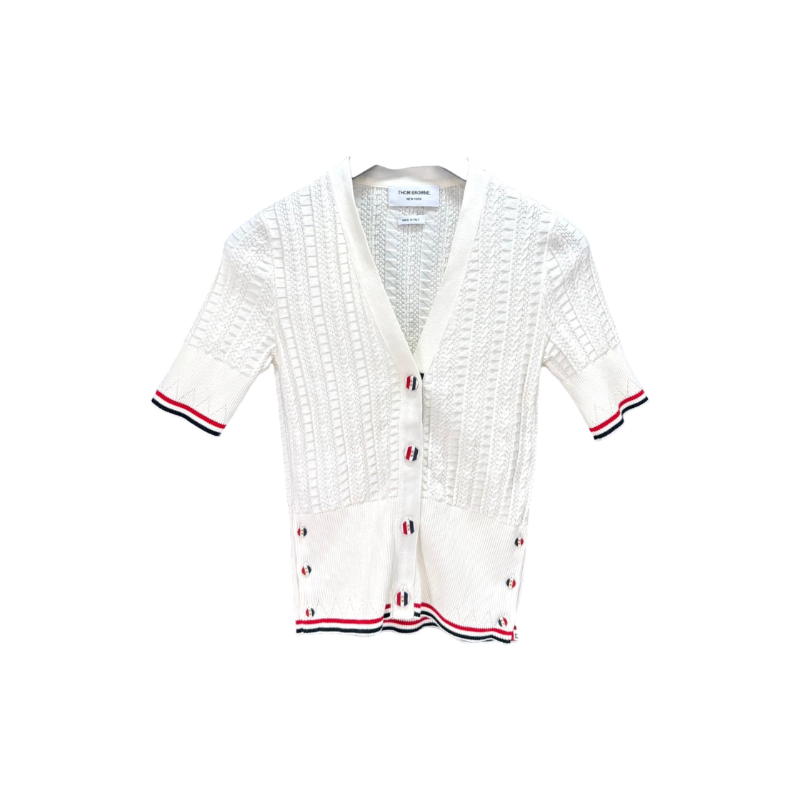 ITVQ232TDIJR Thom Browne Three Stripe Cable Cardigan White FKC418A