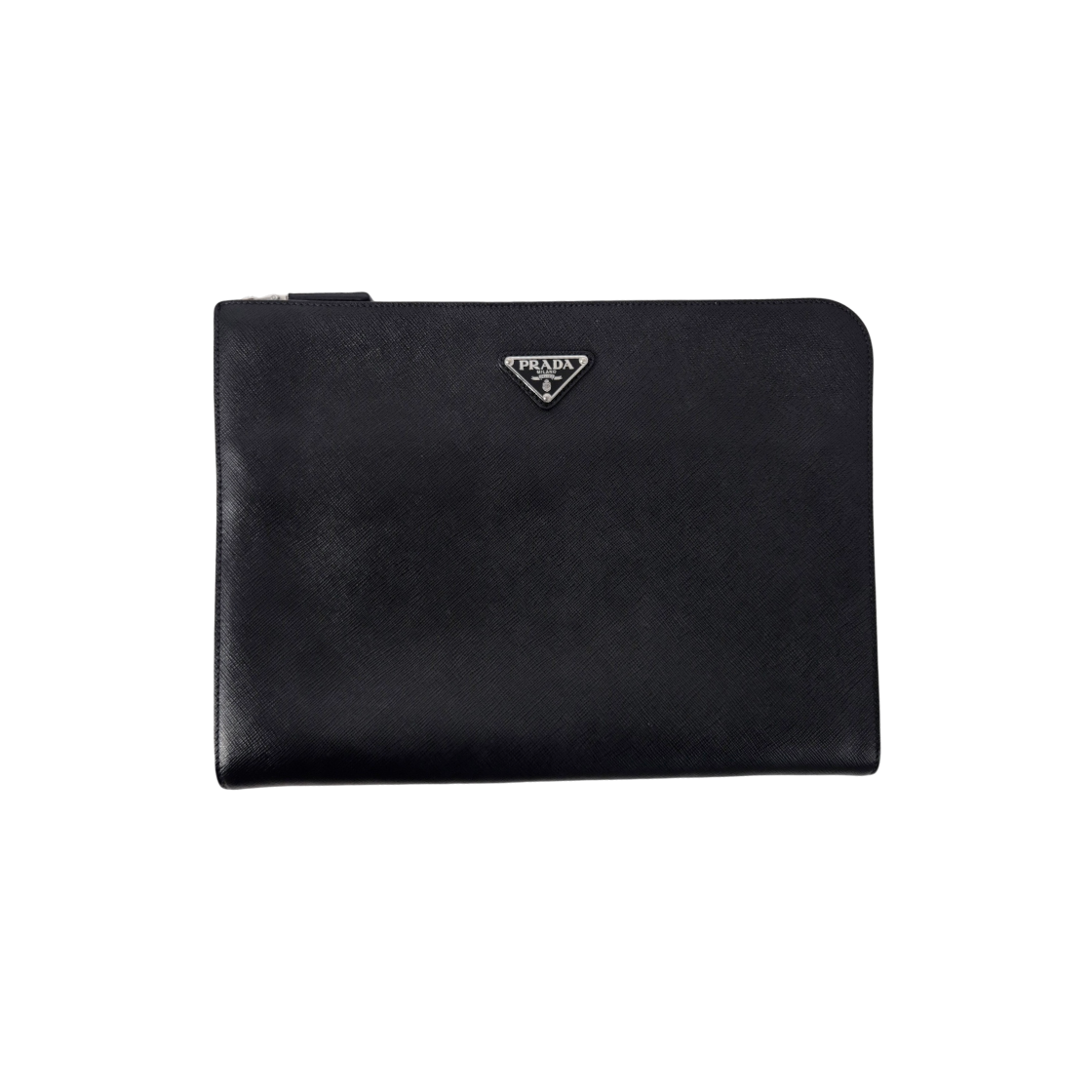 IT4QVLOJBUJJ Prada Saffiano Triangle Logo Clutch Bag Black 2VN003