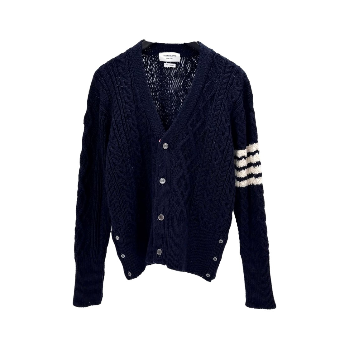 ITTWWAM79VHE Thom Browne Diagonal Stripe Aran Cable Cardigan Navy MKC409A