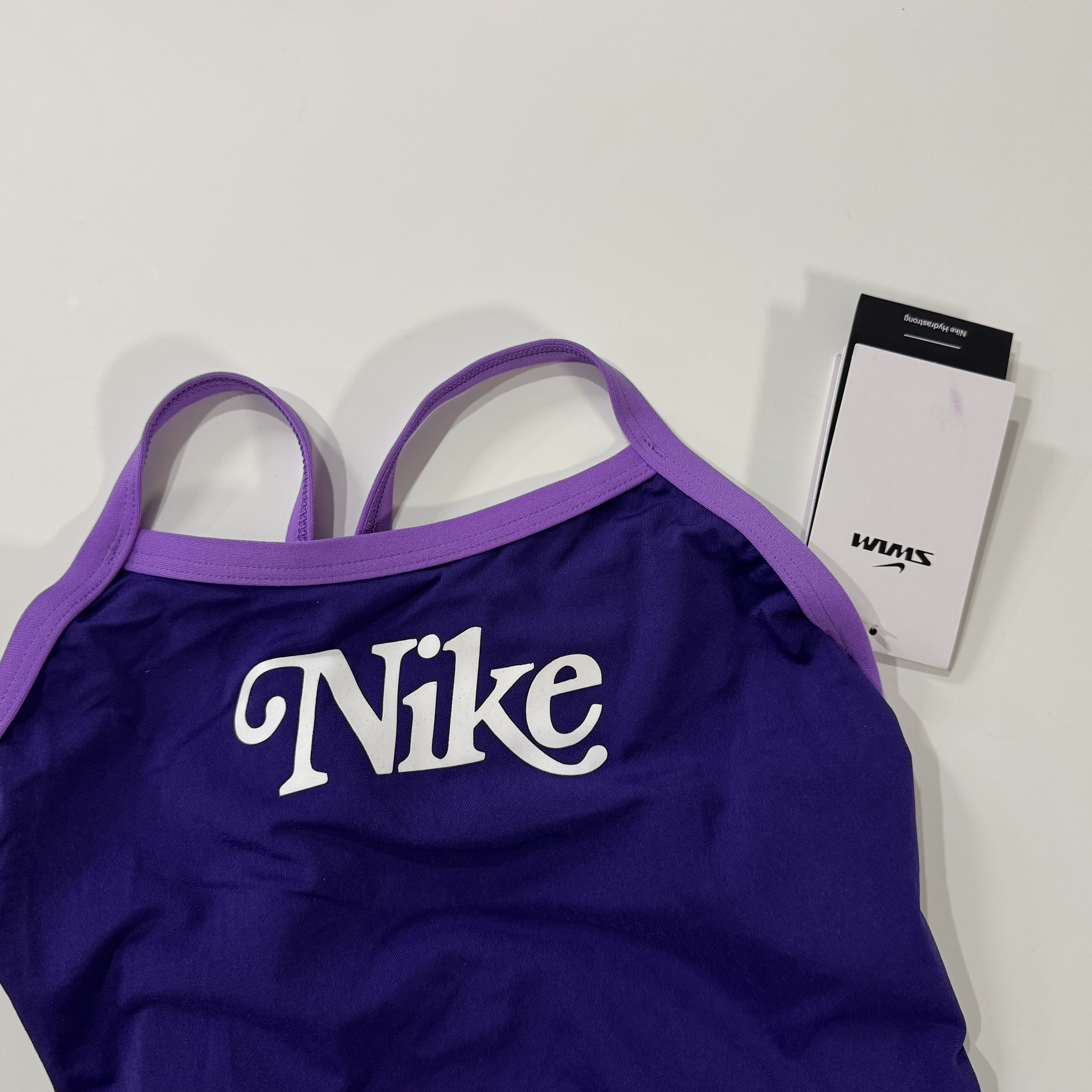 (W) Nike Swim Origins Heritage Logo Graphic Racerback High Cut Court Purple, (W) Nike Swim Heritage Retro Logo Racer Back Swimsuit Black 착용 스타일 - 1