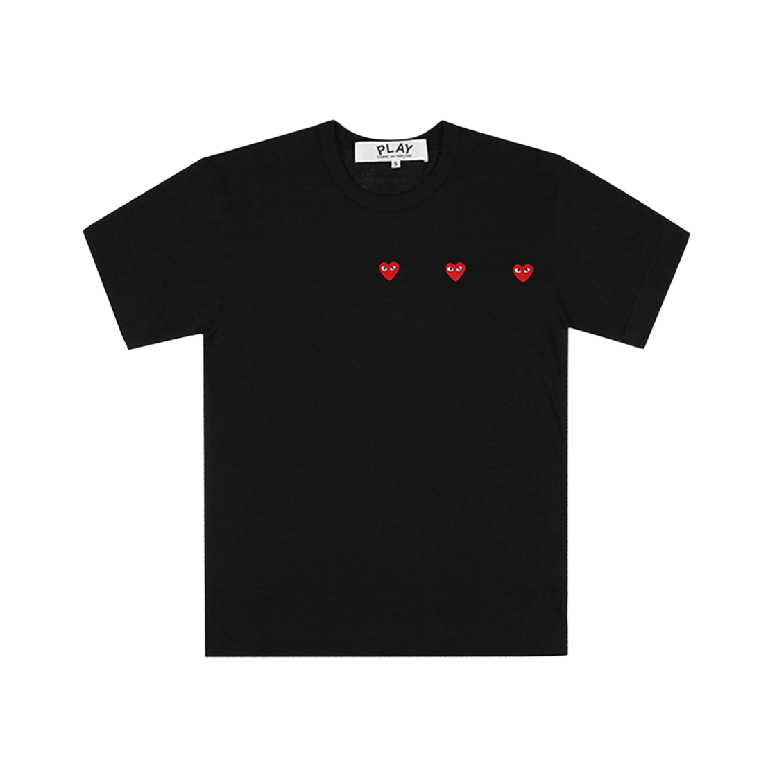 [25% 쿠폰] 플레이 꼼데가르송 트리플 하트 프린트 티셔츠 블랙([25% 쿠폰] Play Comme Des Garcons Triple Hearts Print T-shirt Black)