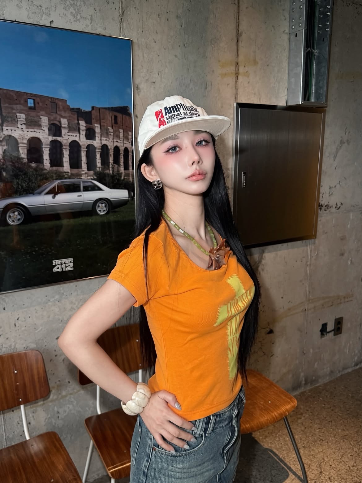 venhit AM plitude Flat Bill Cap Ivory 착용 스타일 - 2