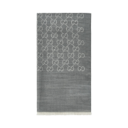 (W) Gucci GG Wool Silk Jacquard Scarf Grey