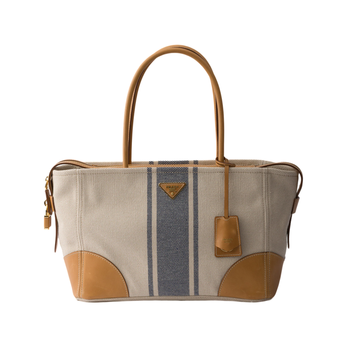 1BG659-2ZPW-F0Z12 Prada Large Canvas and Leather Tote Bag Beige Baltic Blue