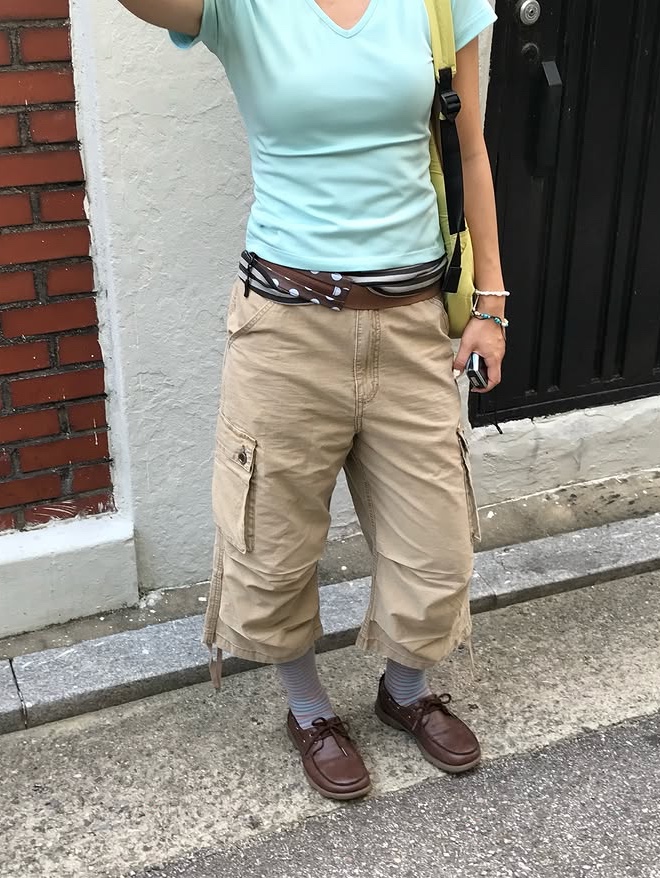 CHOWOO Vintage Military Capri Cargo Pants Washed Beige, CHOWOO Vintage Military Capri Cargo Pants Washed Khaki 착용 스타일 - 2