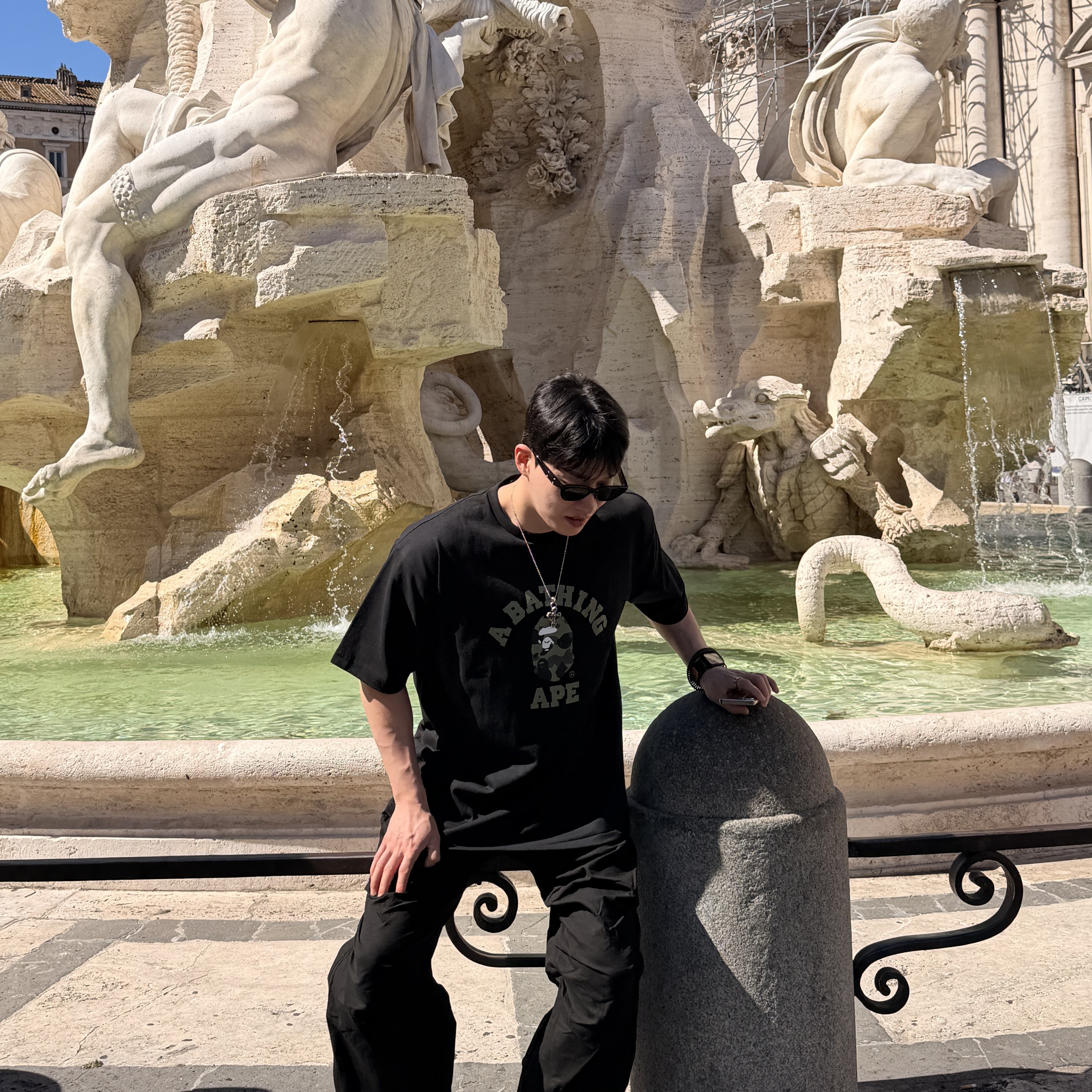 BAPE ABC Camo College T-Shirt Black Green, Wapworks Wide Safety Cargo Pants Black 착용 스타일