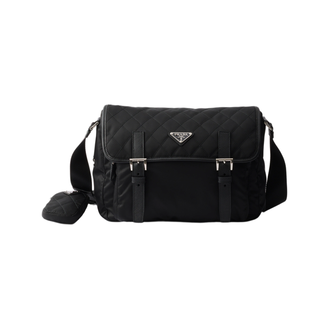 1BD953-2ZSI-F0002 Prada Large Quilted Re-Nylon Shoulder Bag with Saffiano Trim Black