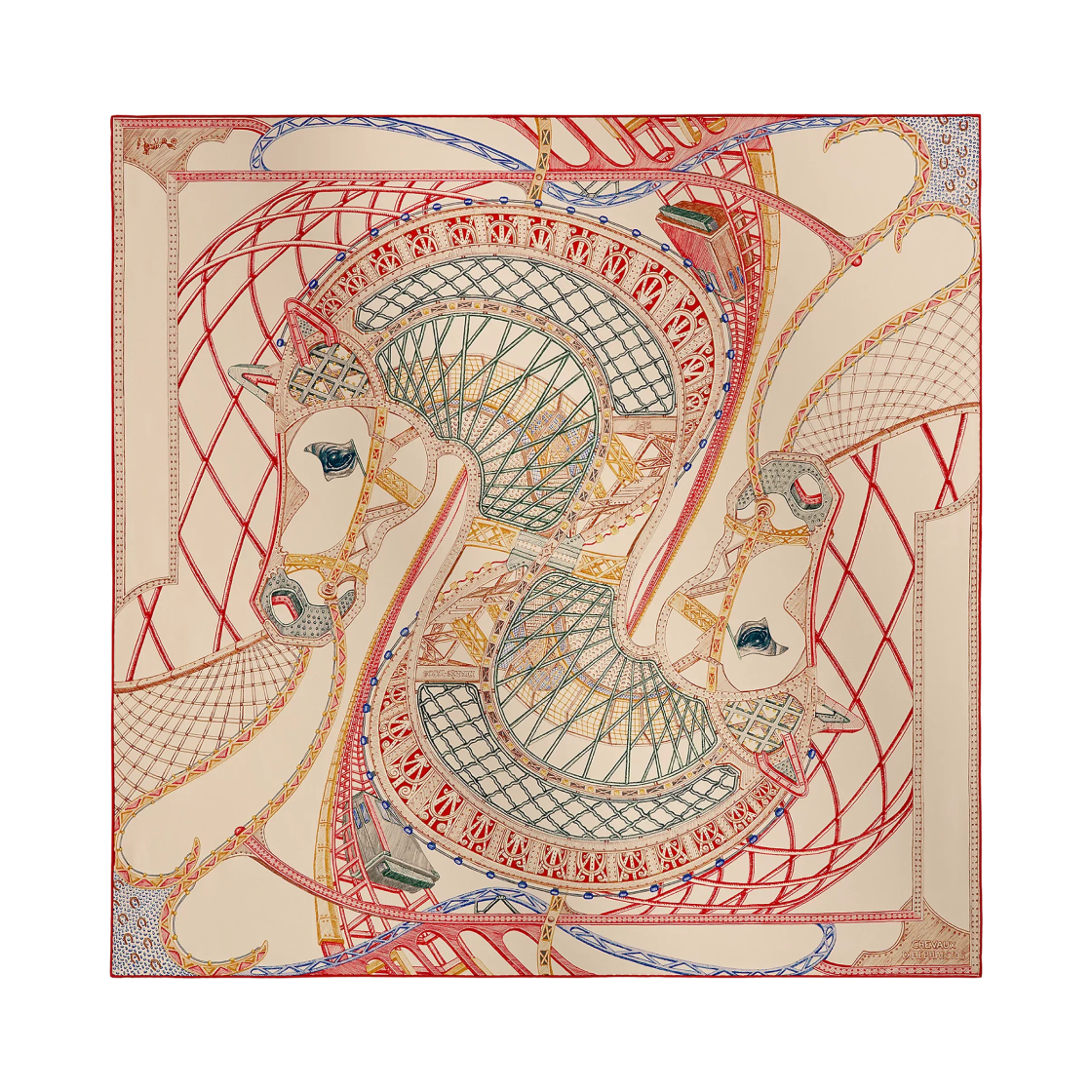 H004365S02 (W) Hermes Chevaux D'Hephaistos Scarf 90 Silk & Parchemin Rouge Vert