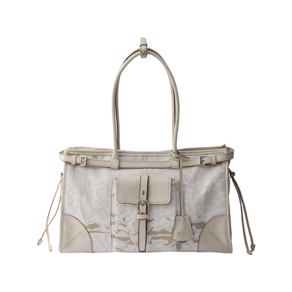 1BA433-2FPT-F0009 Prada Bonnie Large Printed Linen and Leather Handbag White