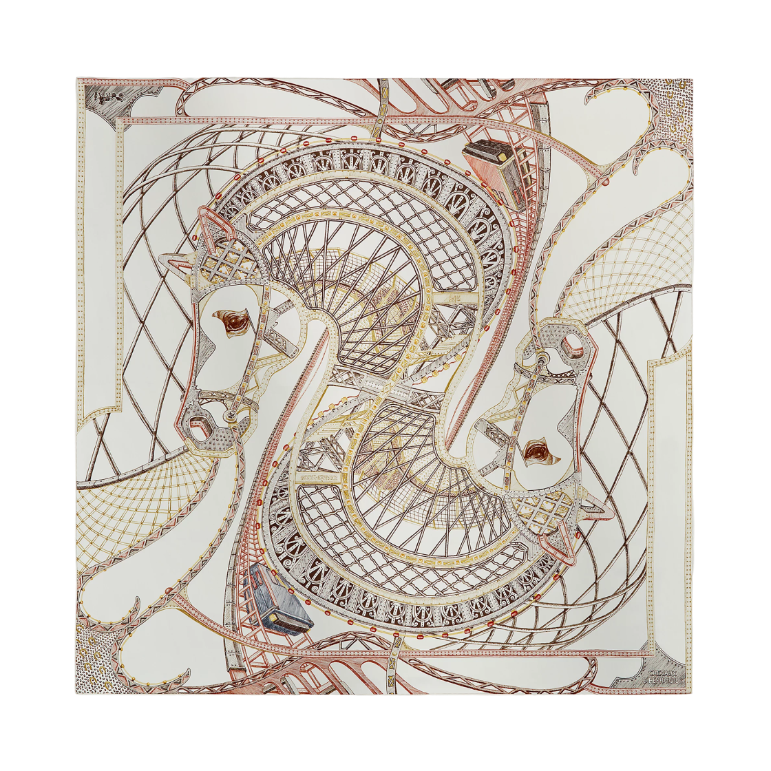 H004365S05 (W) Hermes Chevaux D'Hephaistos Scarf 90 Silk & Blanc Bronze Bois De Rose