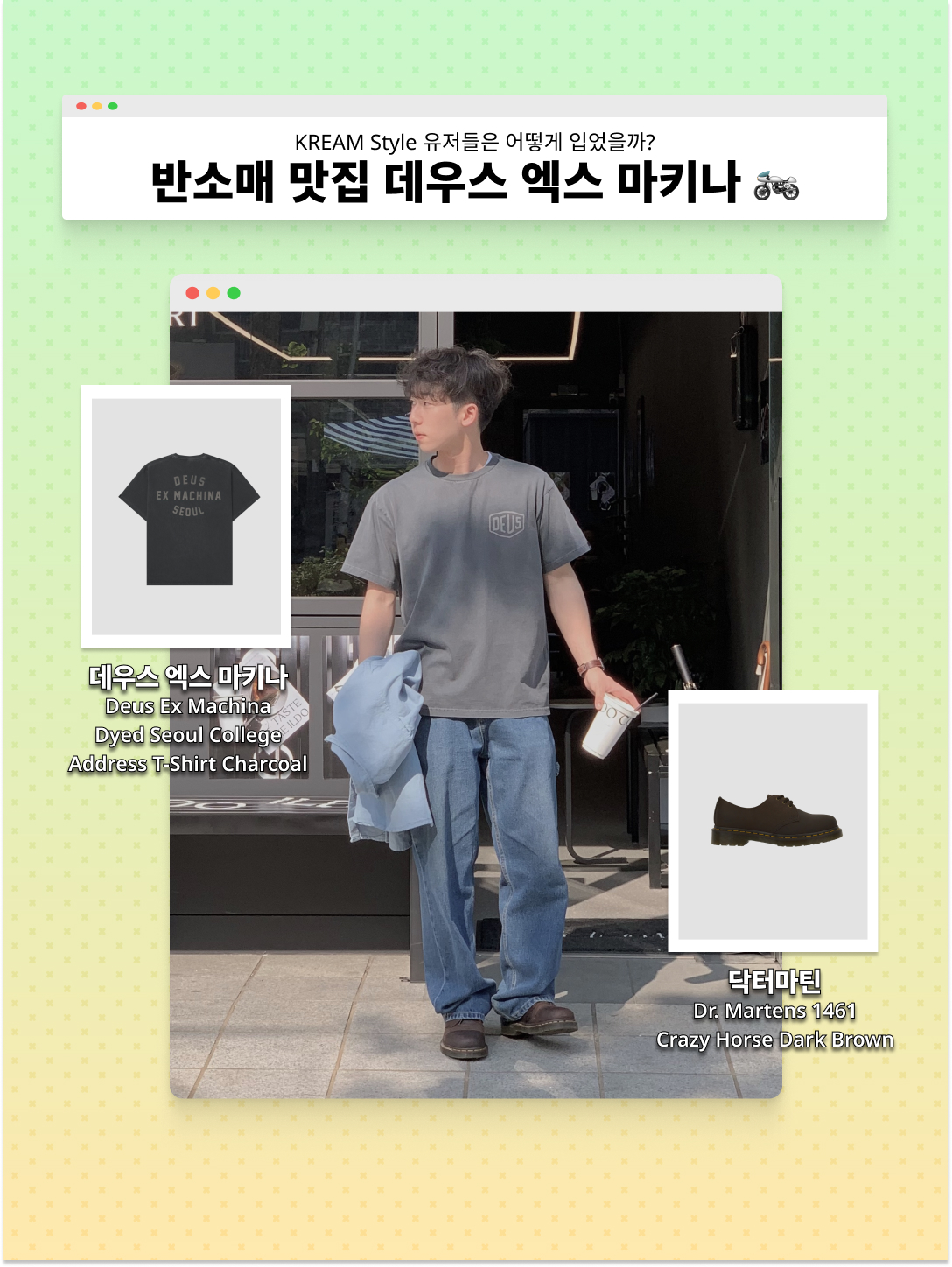 (Kids) Deus Ex Machina College Seoul T-Shirt Black, Supreme Punched Denim Camp Cap Washed Indigo - 23FW 착용 스타일 - 4