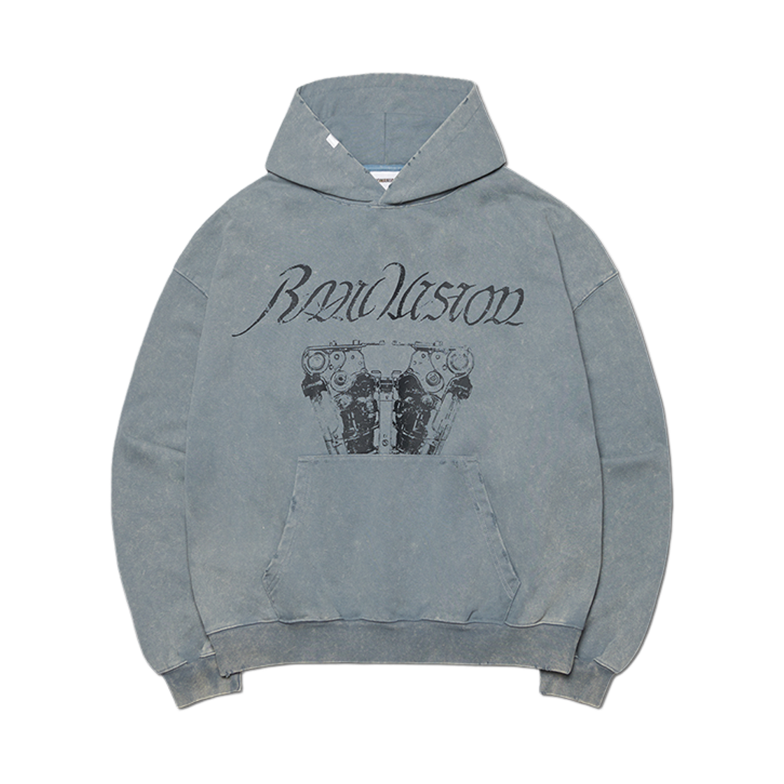 NMWF52HD16WBL NOMANUAL Engine Graphic Damaged Hoodie Washed Blue