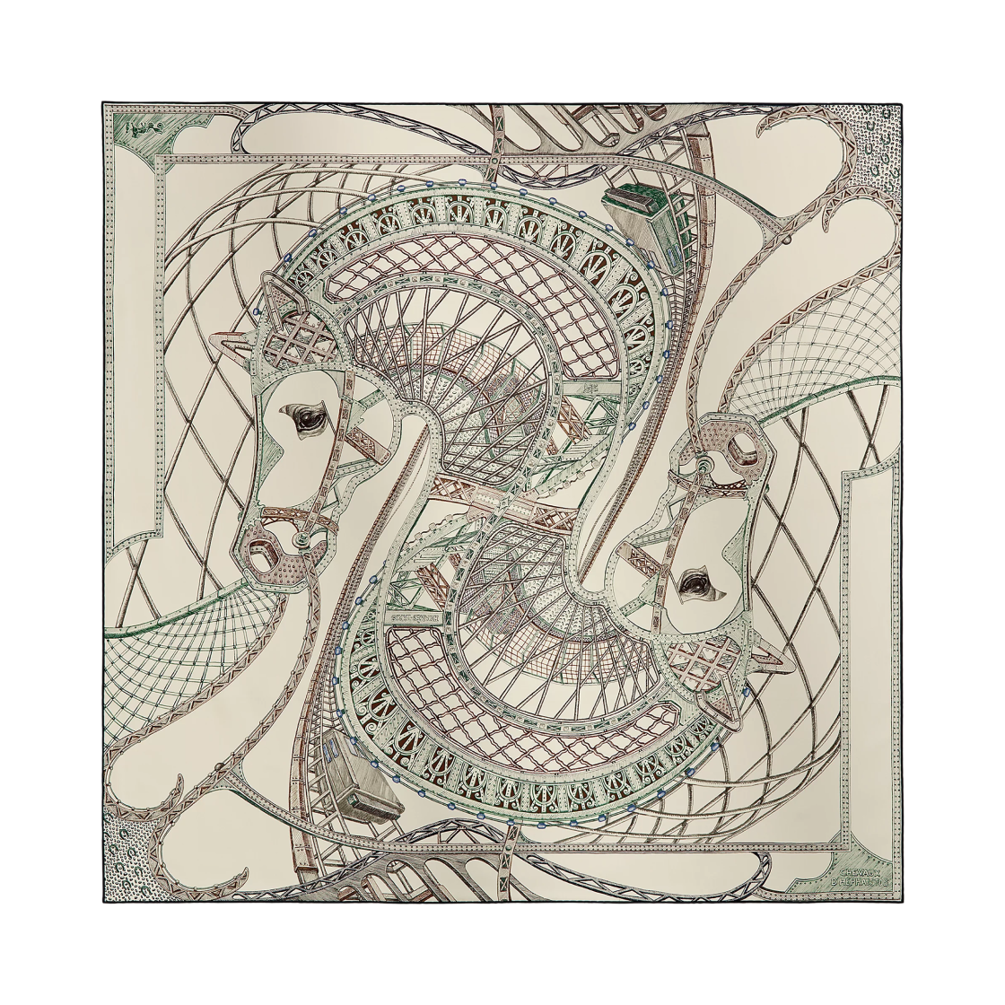H004365S03 (W) Hermes Chevaux D'Hephaistos Scarf 90 Silk & Creme Vert Marron Glace
