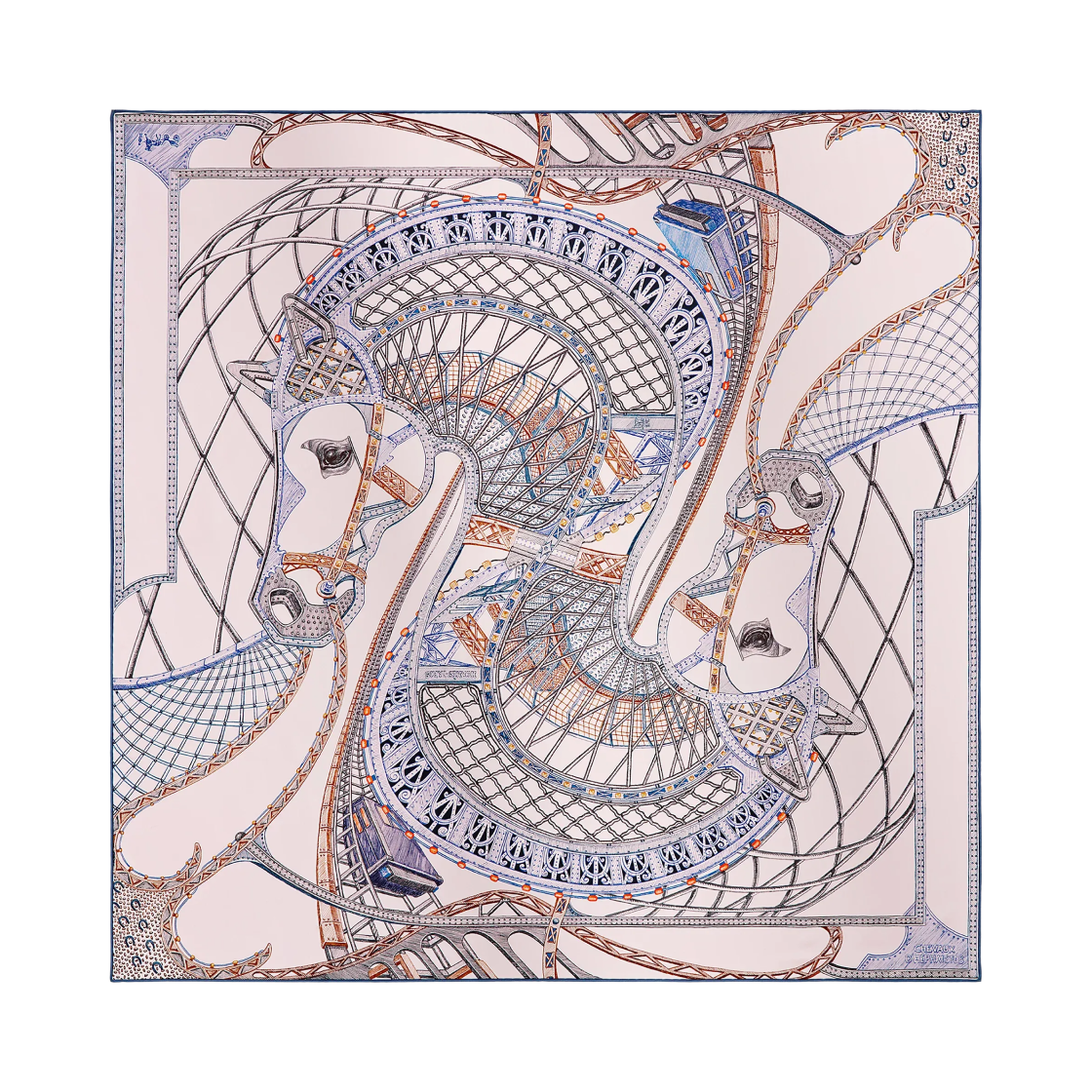H004365S07 (W) Hermes Chevaux D'Hephaistos Scarf 90 Silk & Rose Nacre Bleu Cuir