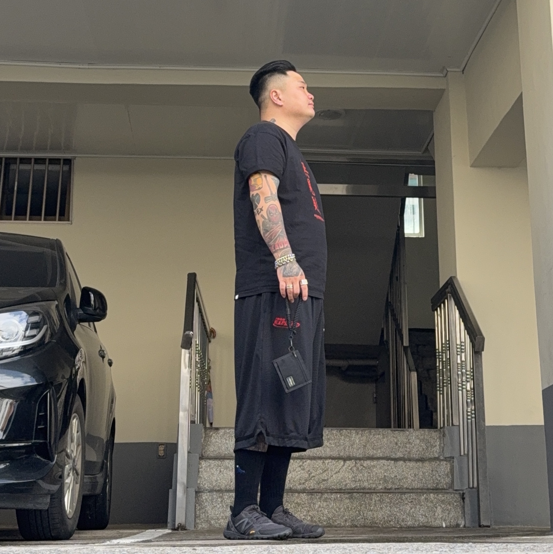 NOMANUAL N.R T-Shirt Black, The North Face White Label Aeronet Shorts Black - 26SS 착용 스타일