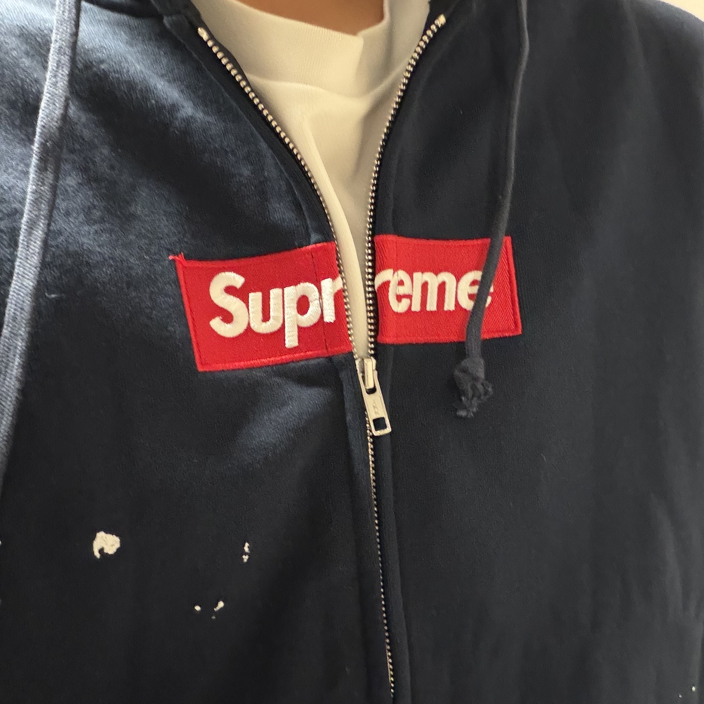 Supreme x MM6 Maison Margiela Box Logo Zip Up Hooded Sweatshirt Navy - 26SS 착용 스타일