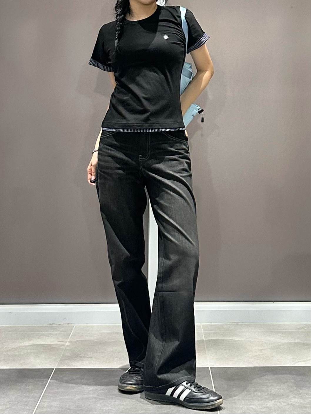 SLOW RECORD HOUSE Layered Check Roll-Up T-Shirt Black, Adidas x Fucking Awesome Samba Core Black 착용 스타일 - 4