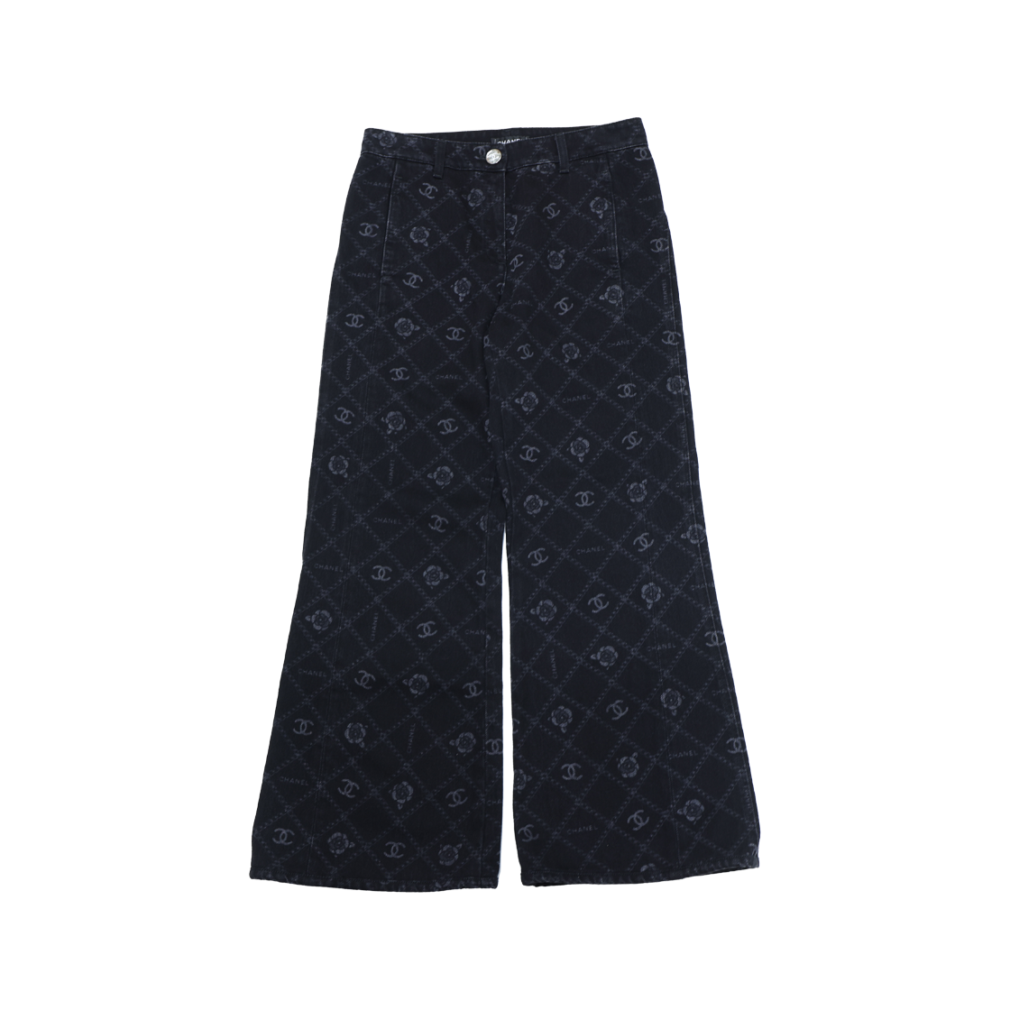 IT4I8C7N3JSW Chanel P75250 Camellia Pattern Denim Pants Black