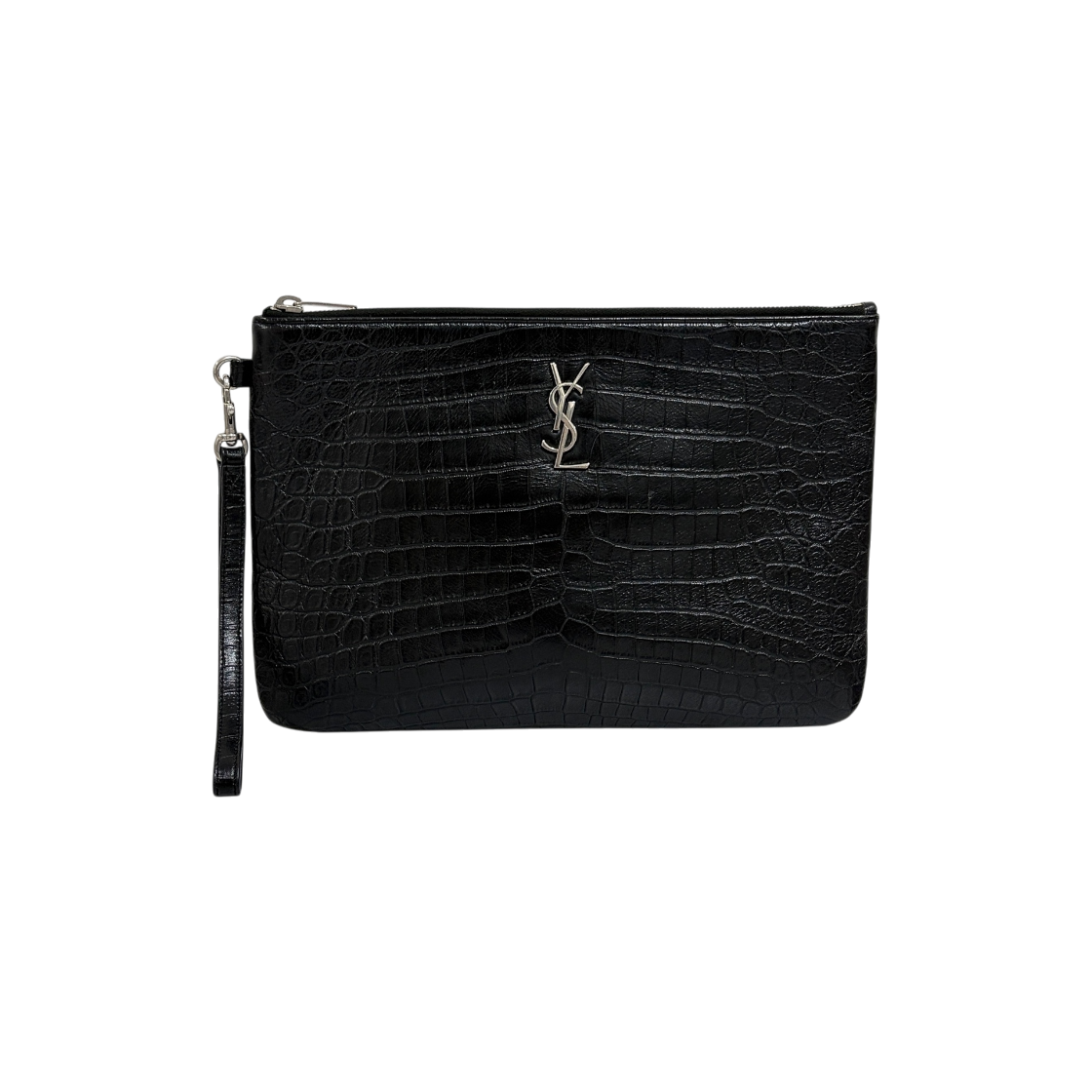 ITC3TJOS84J3 Saint Laurent Crocodile Pattern Silver Monogram Clutch Bag Black 558070